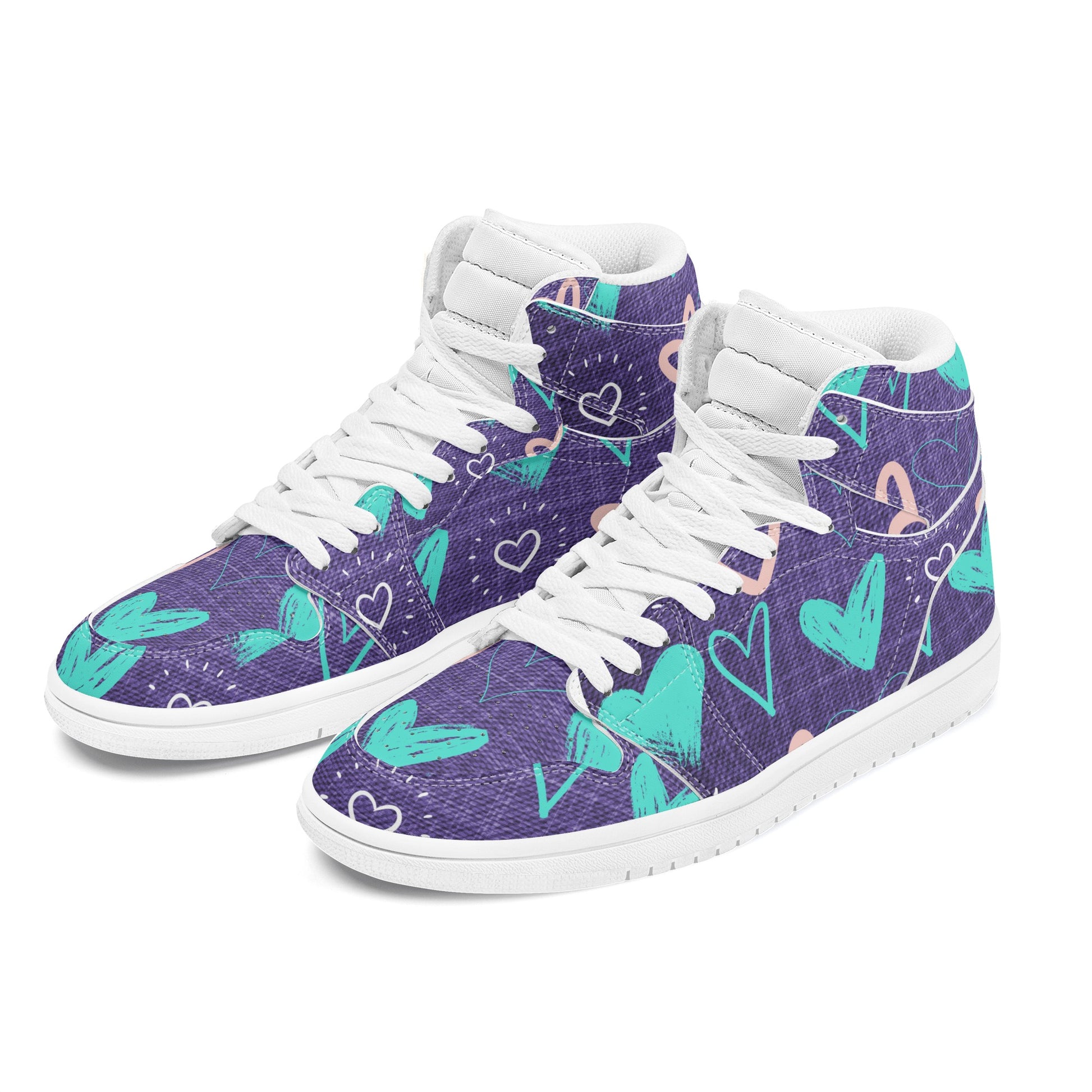 Womens Purple Denim Hearts High Top Leather Sneakers - Misfit Marketing Designs