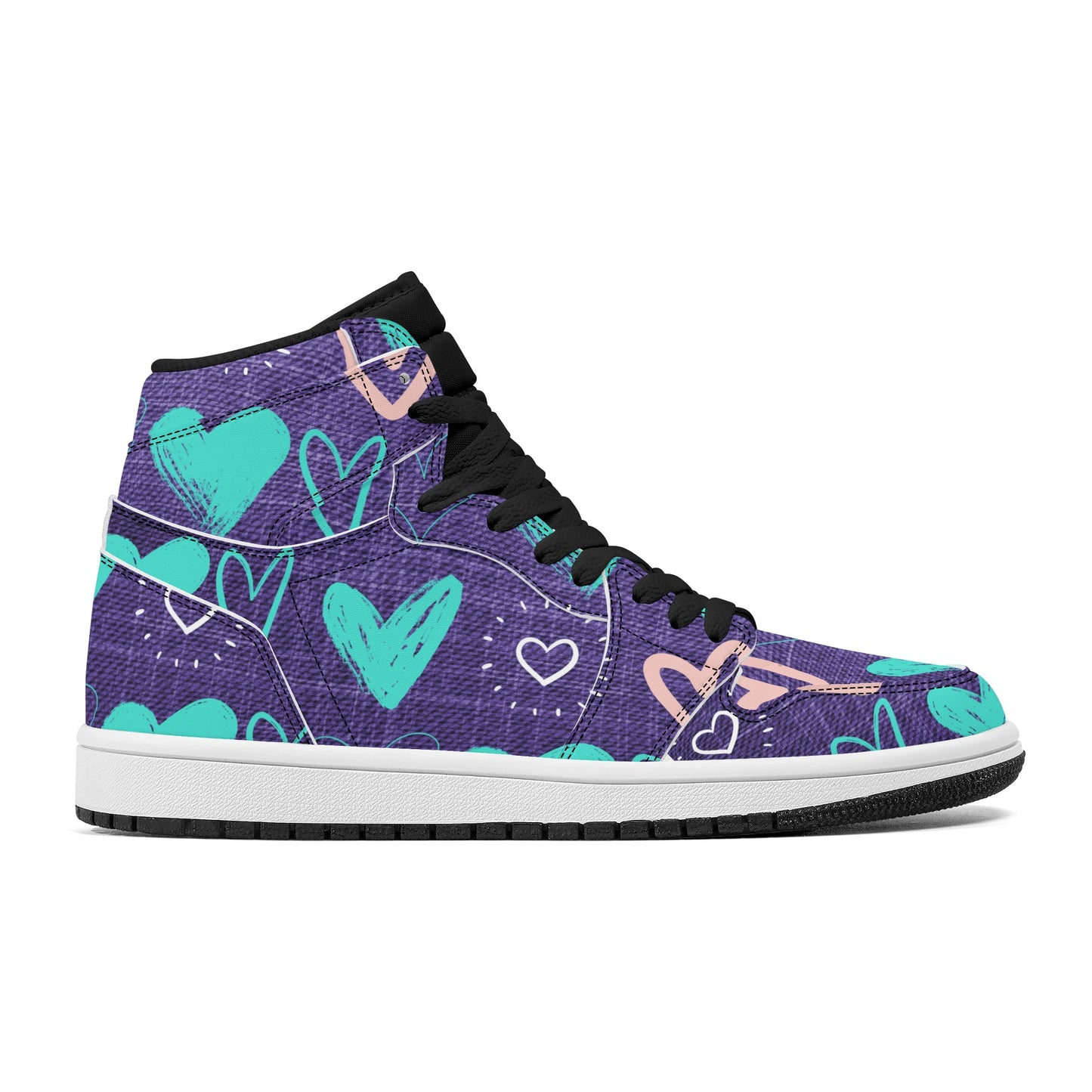 Womens Purple Denim Hearts High Top Leather Sneakers - Misfit Marketing Designs