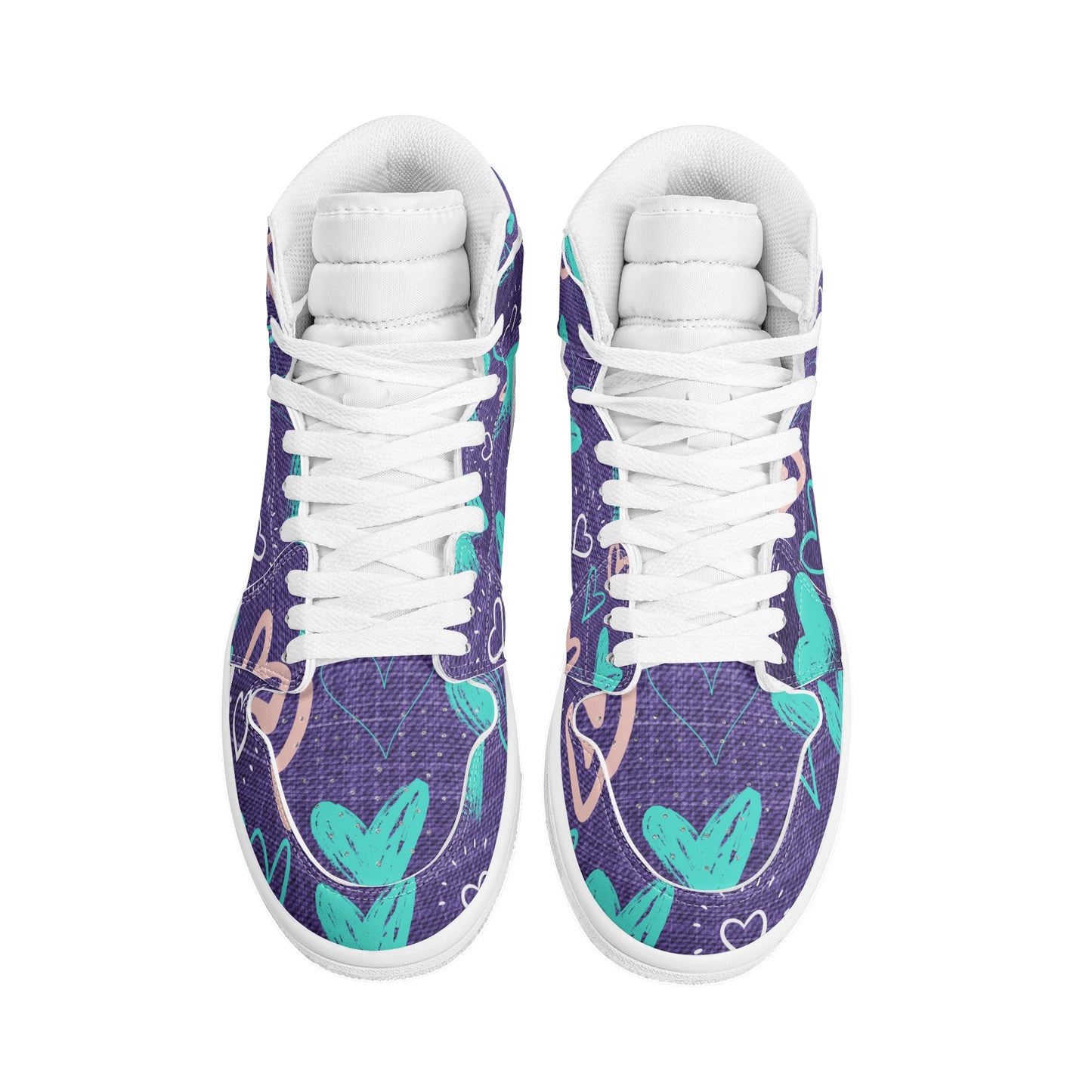 Womens Purple Denim Hearts High Top Leather Sneakers - Misfit Marketing Designs