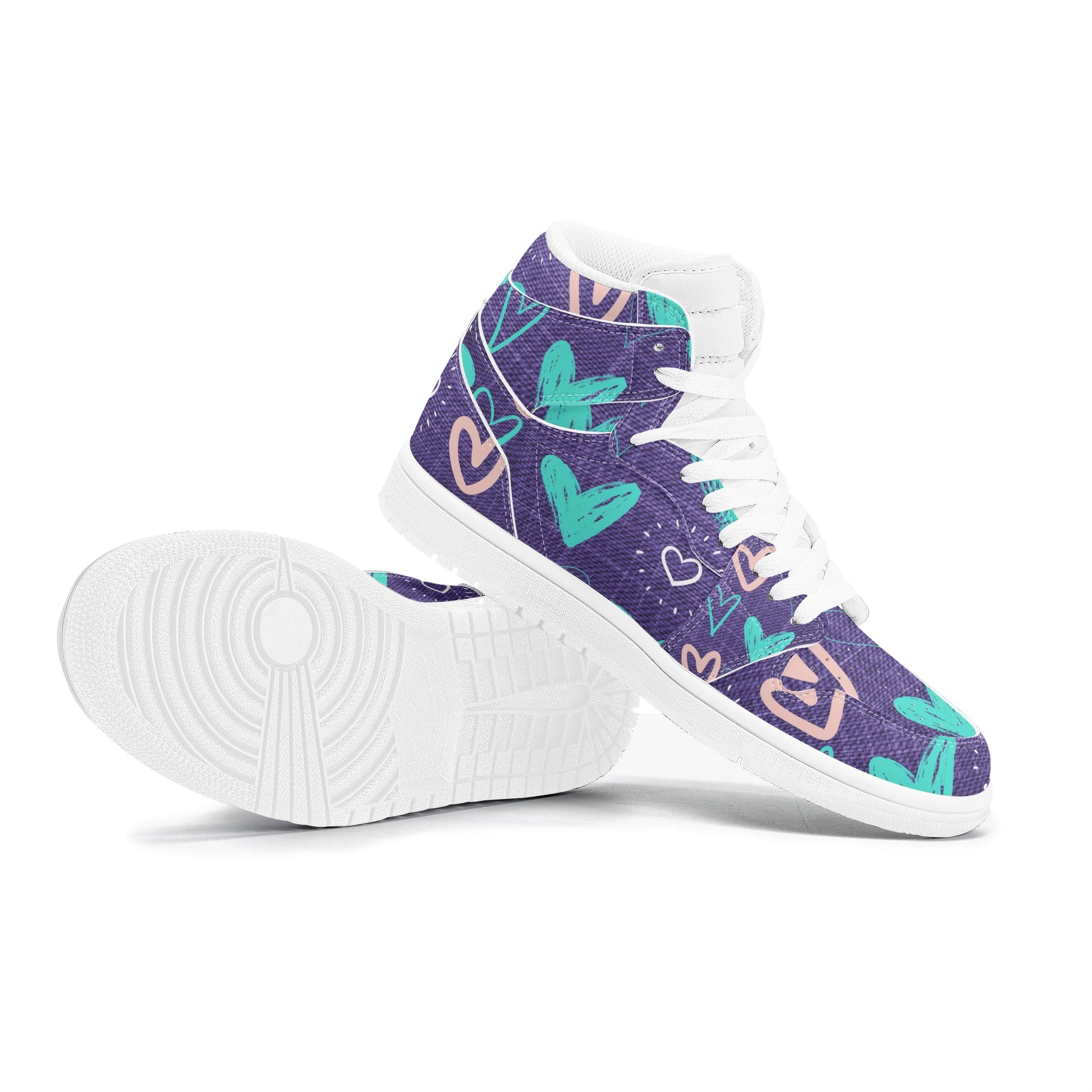 Womens Purple Denim Hearts High Top Leather Sneakers - Misfit Marketing Designs