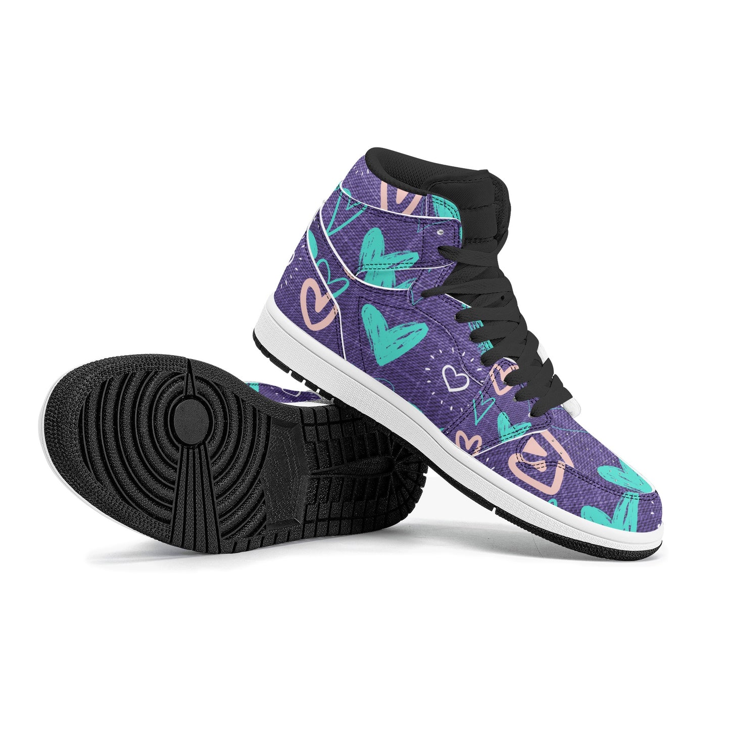 Womens Purple Denim Hearts High Top Leather Sneakers - Misfit Marketing Designs