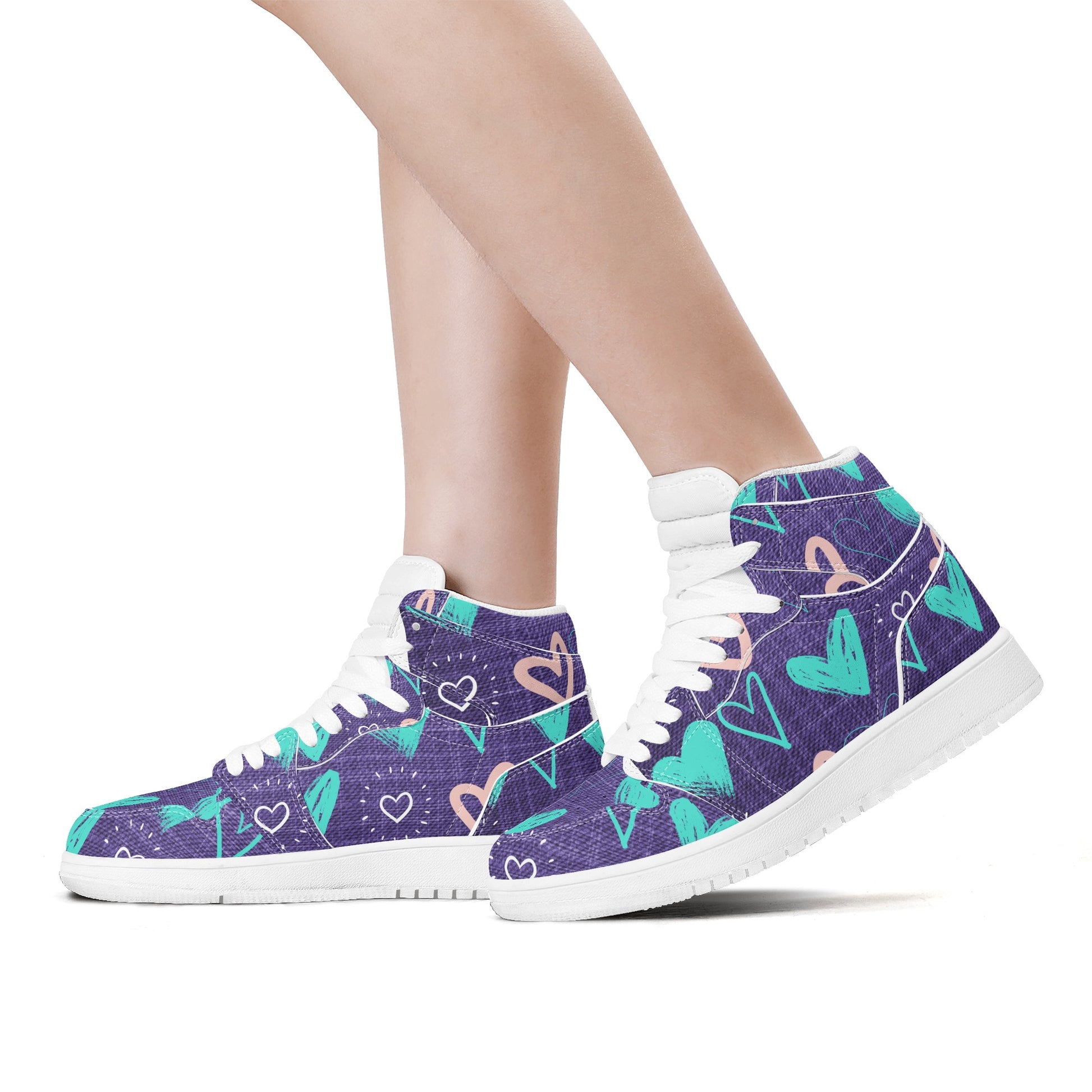 Womens Purple Denim Hearts High Top Leather Sneakers - Misfit Marketing Designs