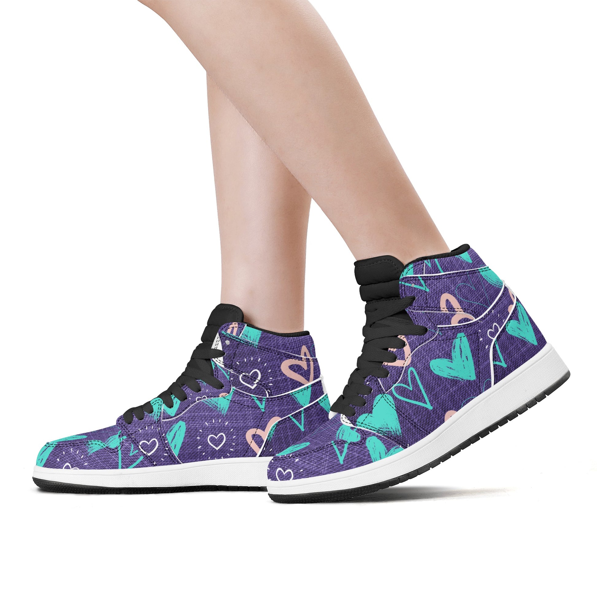 Womens Purple Denim Hearts High Top Leather Sneakers - Misfit Marketing Designs