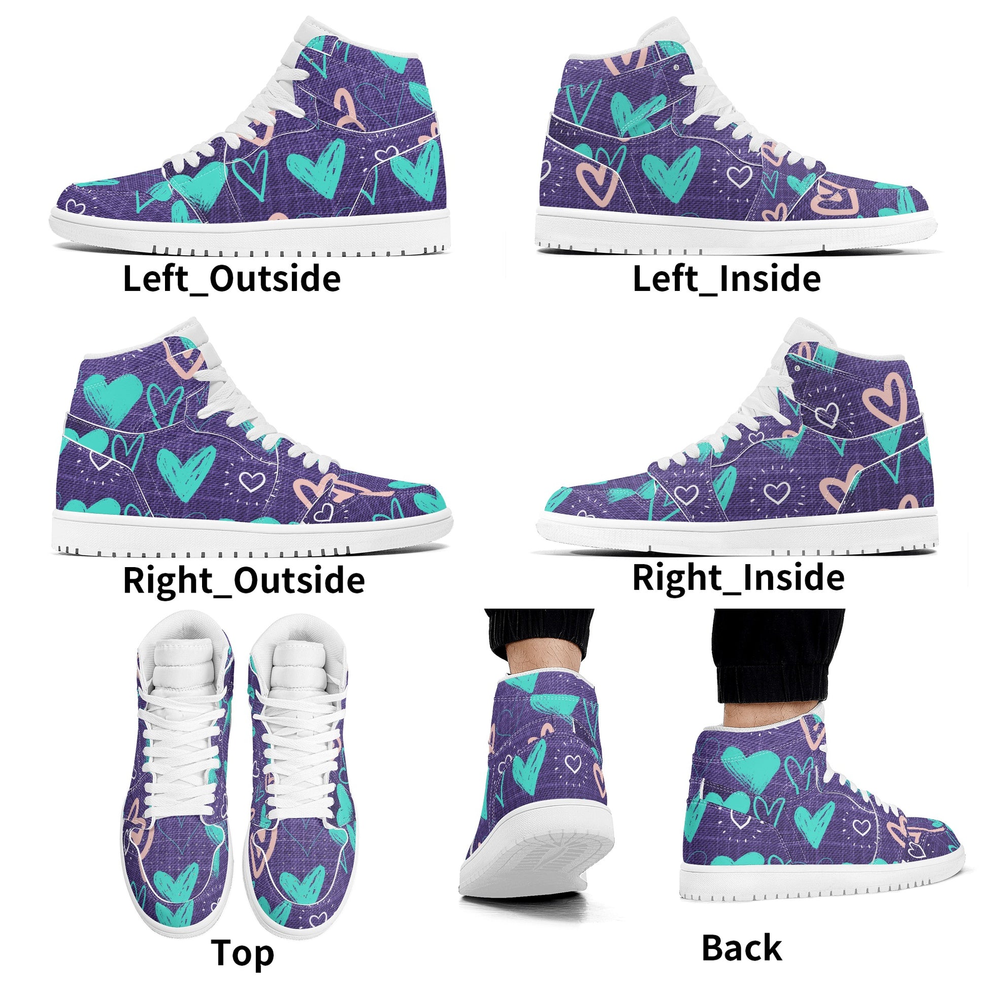 Womens Purple Denim Hearts High Top Leather Sneakers - Misfit Marketing Designs