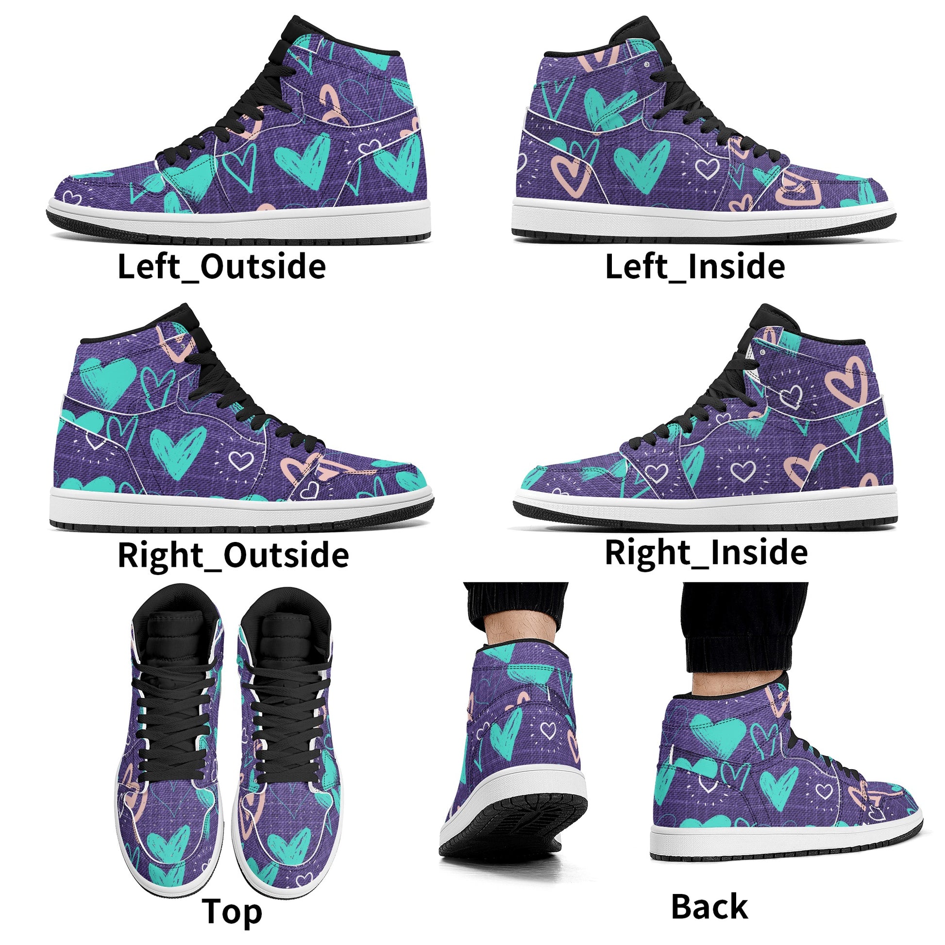 Womens Purple Denim Hearts High Top Leather Sneakers - Misfit Marketing Designs