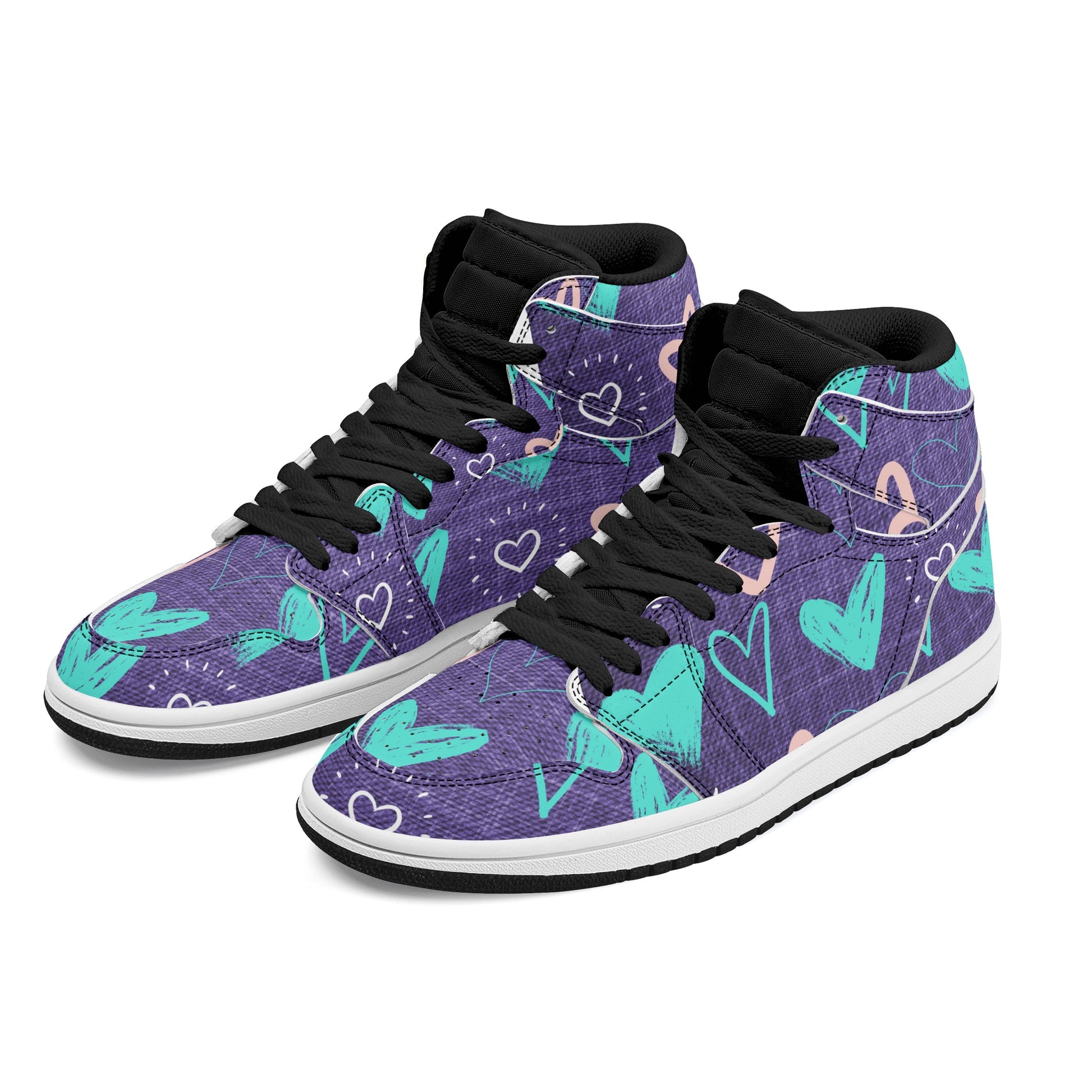 Womens Purple Denim Hearts High Top Leather Sneakers - Misfit Marketing Designs