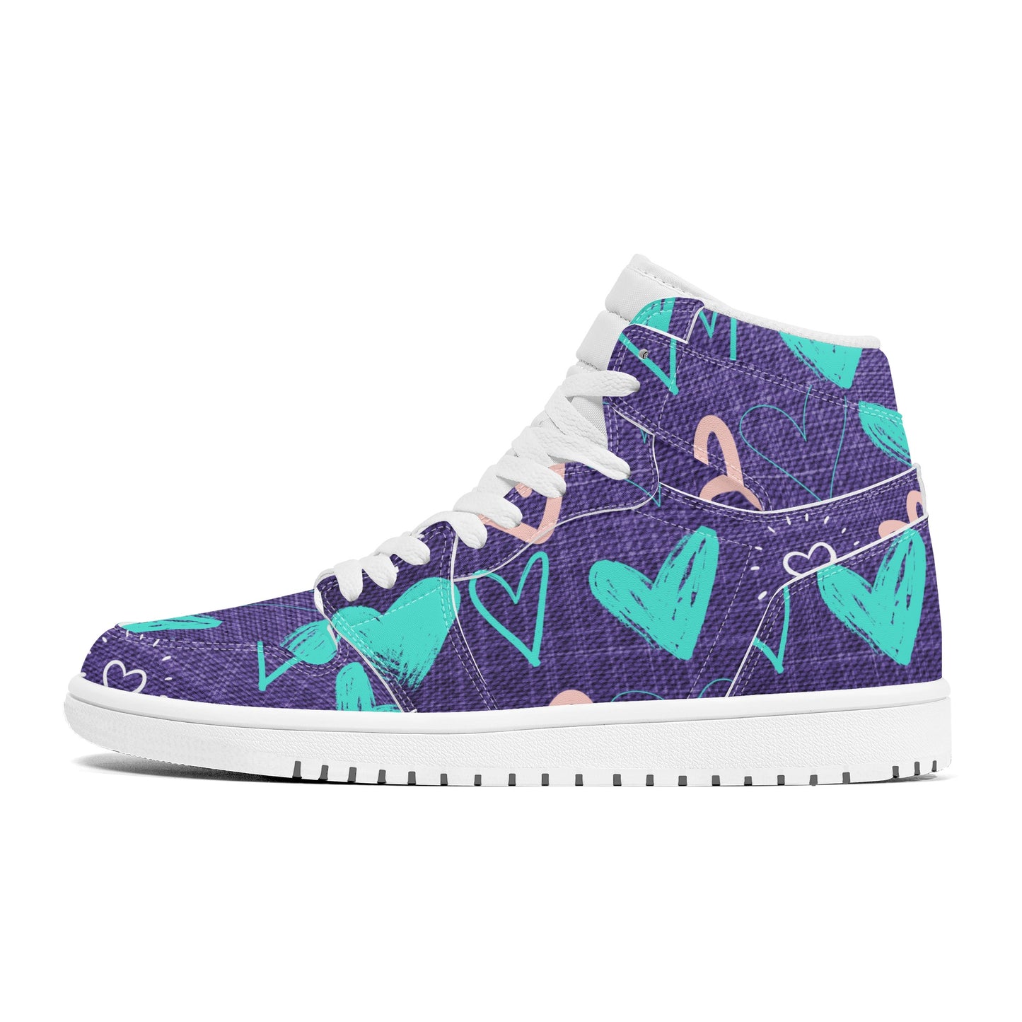 Womens Purple Denim Hearts High Top Leather Sneakers - Misfit Marketing Designs