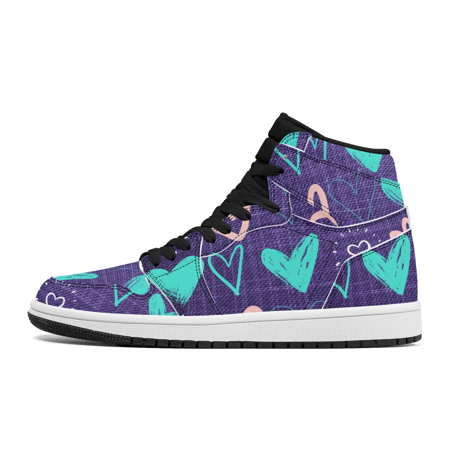 Womens Purple Denim Hearts High Top Leather Sneakers - Misfit Marketing Designs