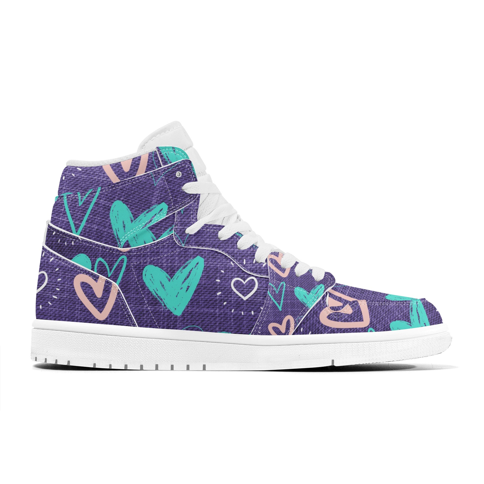 Womens Purple Denim Hearts High Top Leather Sneakers - Misfit Marketing Designs