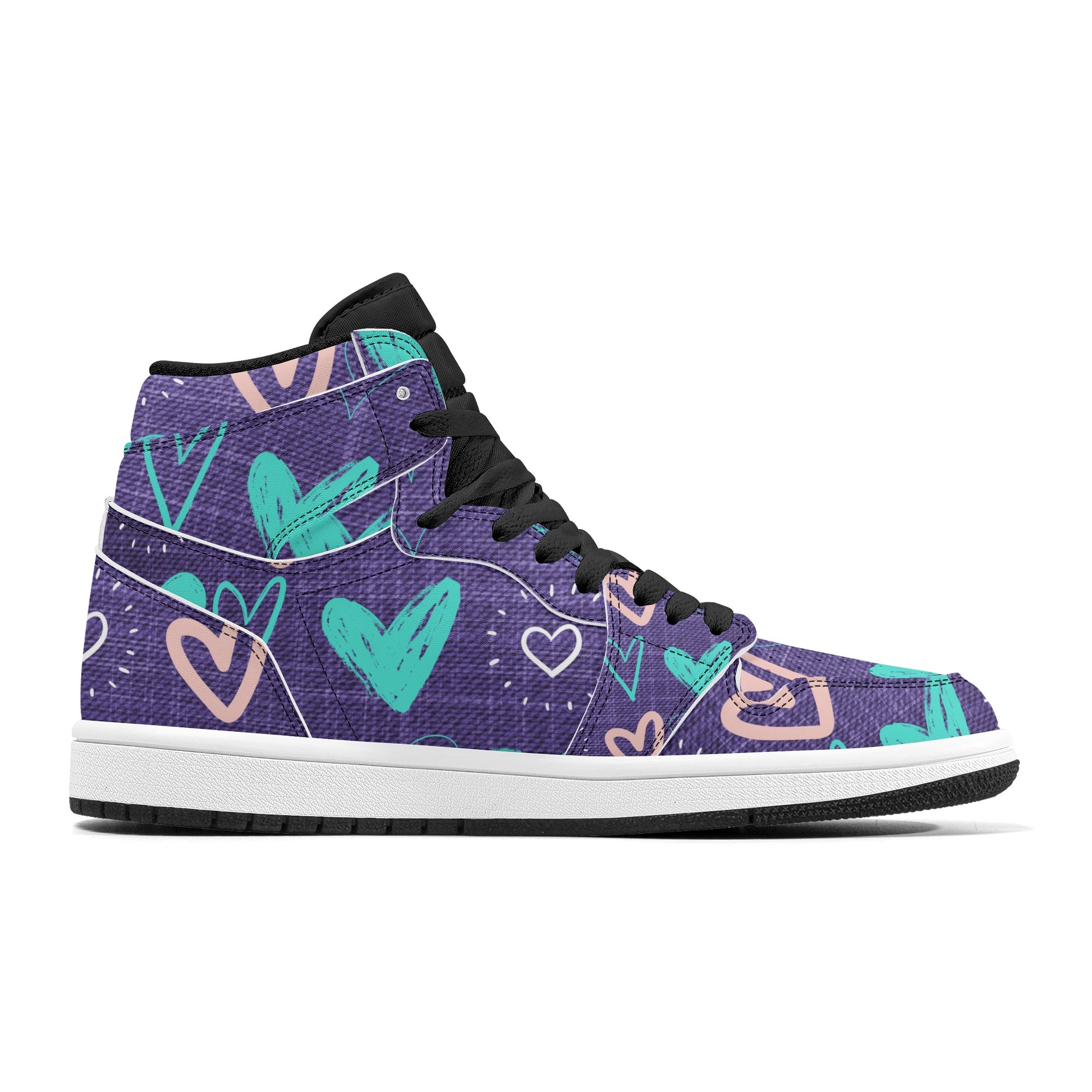 Womens Purple Denim Hearts High Top Leather Sneakers - Misfit Marketing Designs