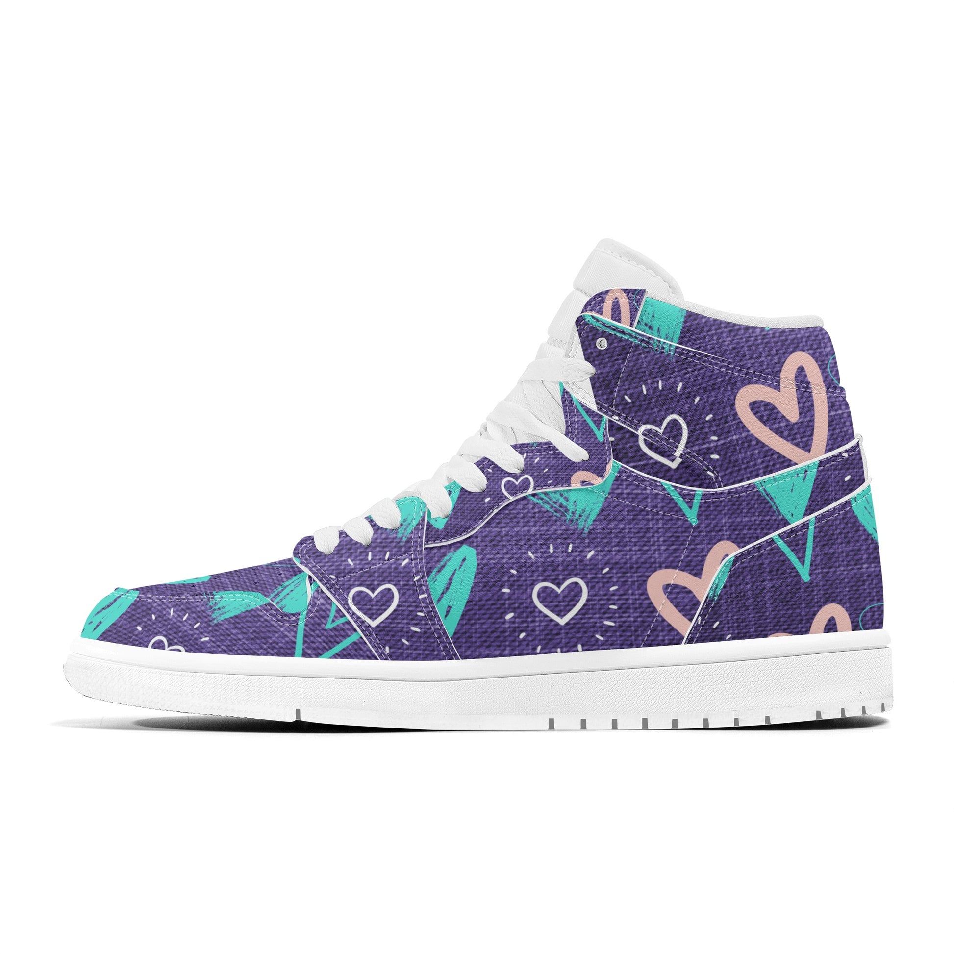 Womens Purple Denim Hearts High Top Leather Sneakers - Misfit Marketing Designs