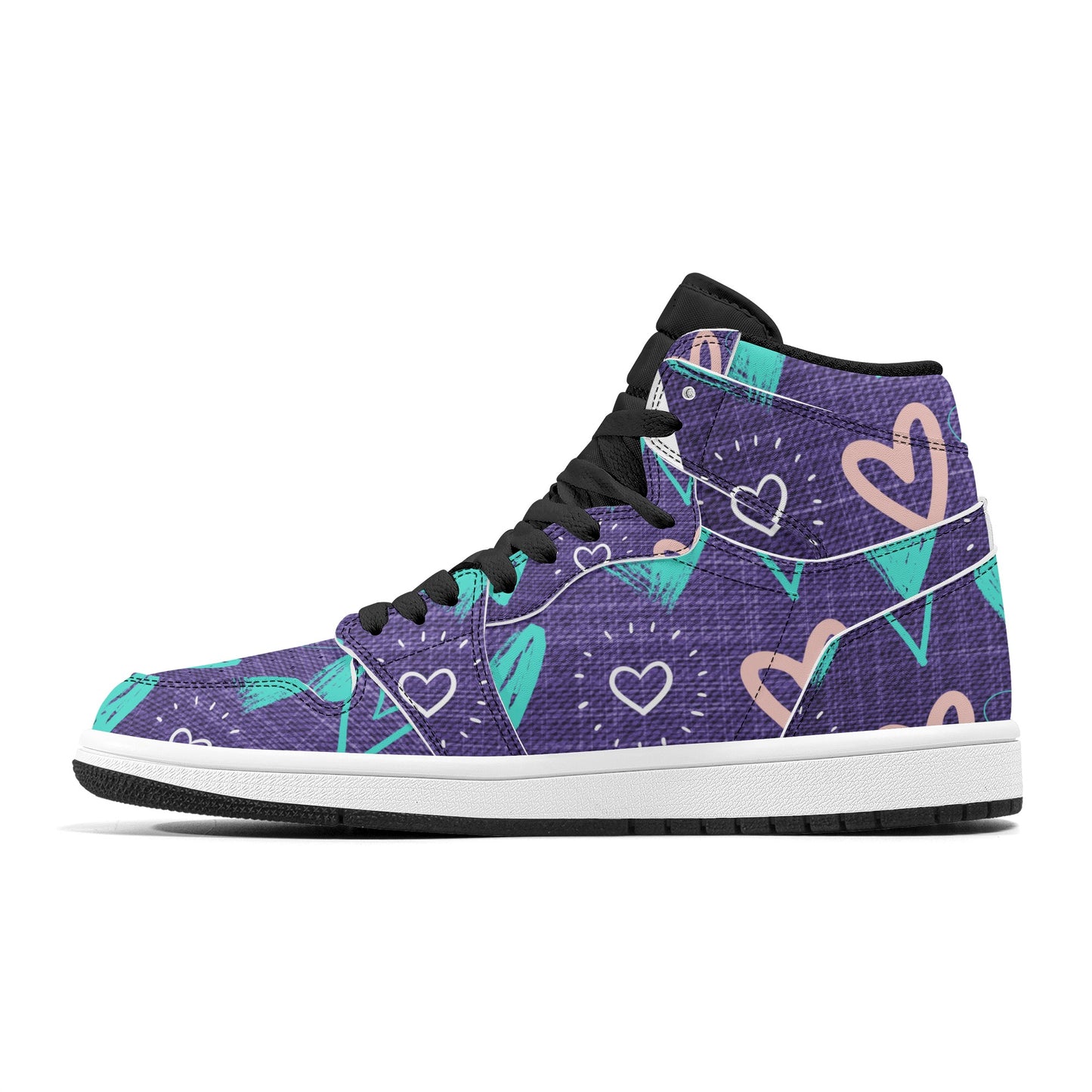 Womens Purple Denim Hearts High Top Leather Sneakers - Misfit Marketing Designs