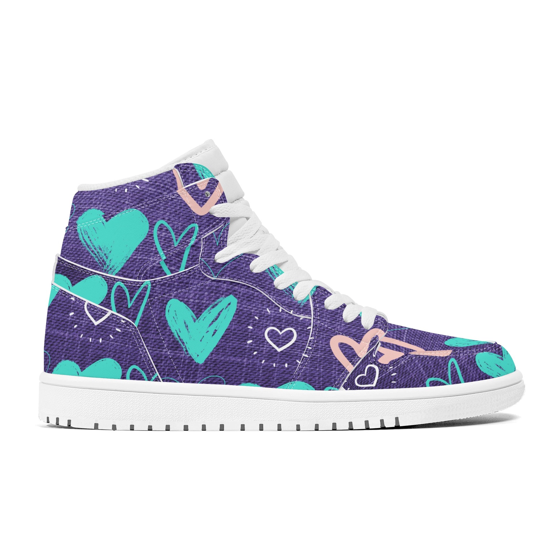 Womens Purple Denim Hearts High Top Leather Sneakers - Misfit Marketing Designs