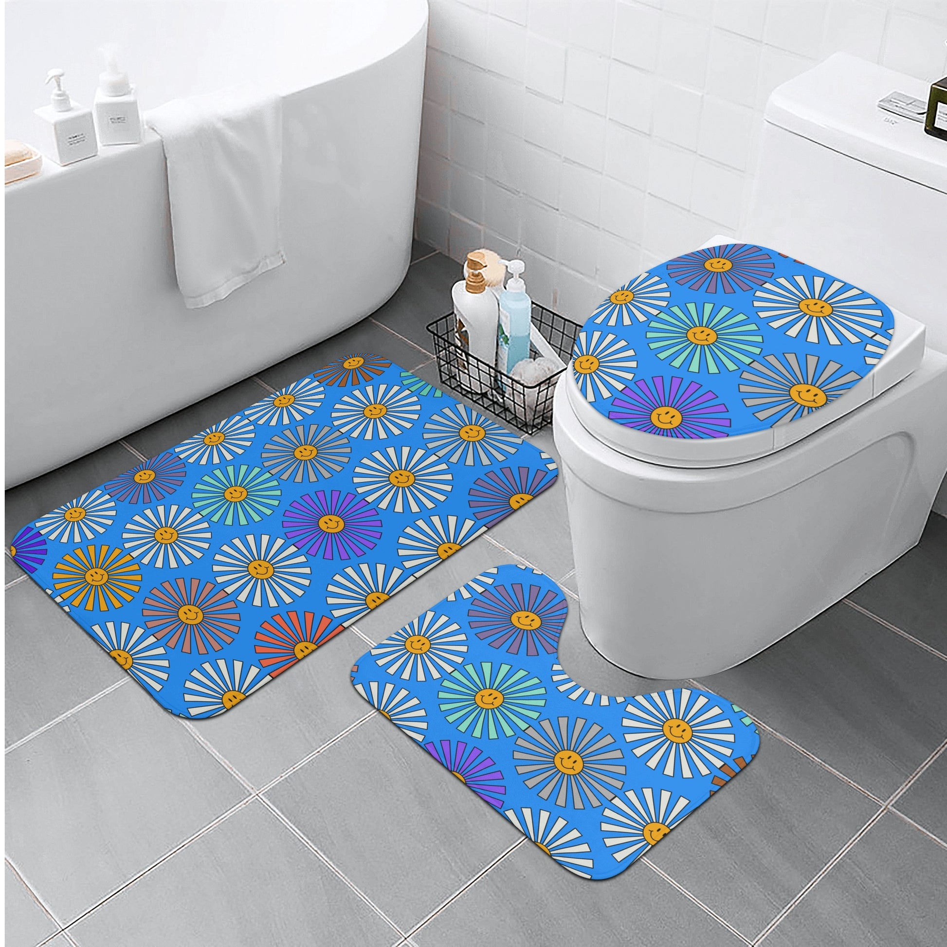 Smiley Flowers Blue Bath Room Toilet Set - Misfit Marketing Designs