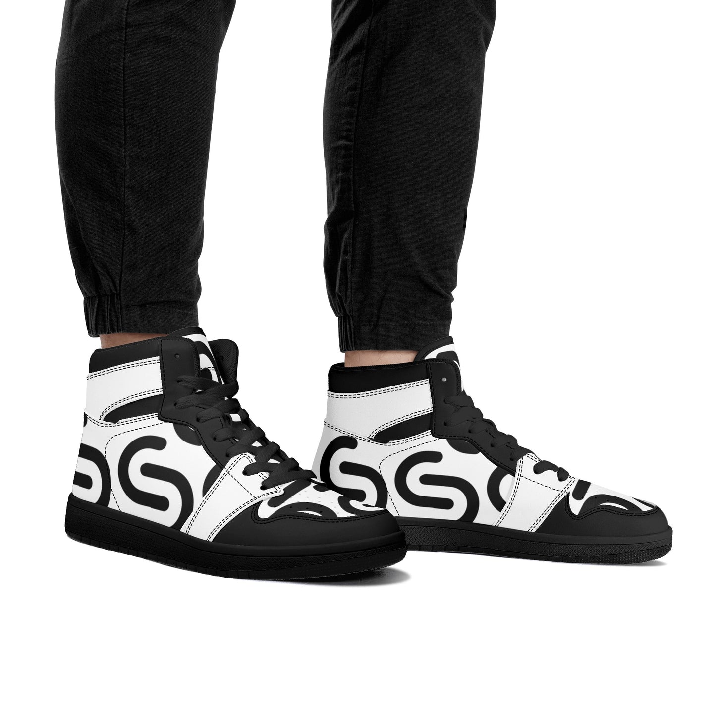 Men's Black and White High Top Leather Sneakers - Misfit Marketing Design Studios