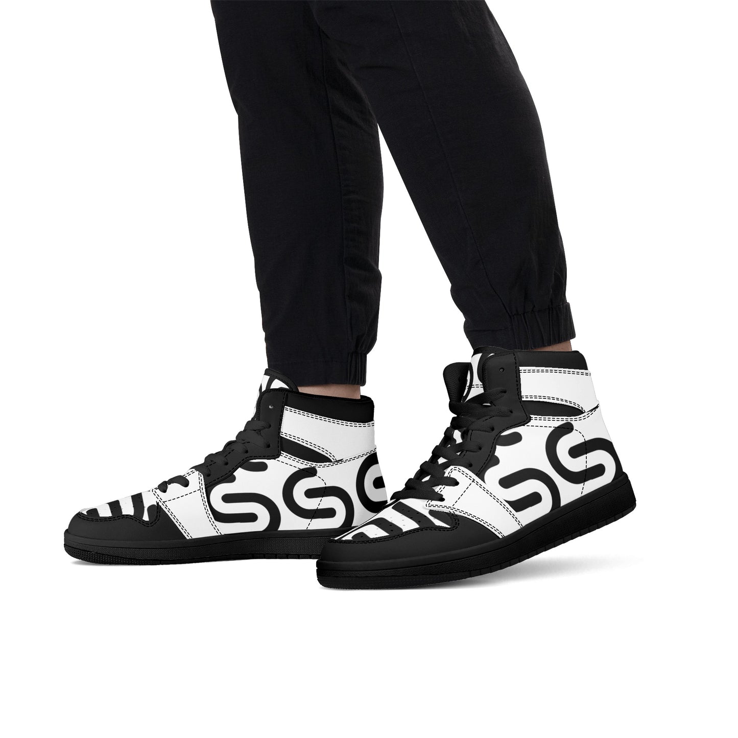 Men's Black and White High Top Leather Sneakers - Misfit Marketing Design Studios