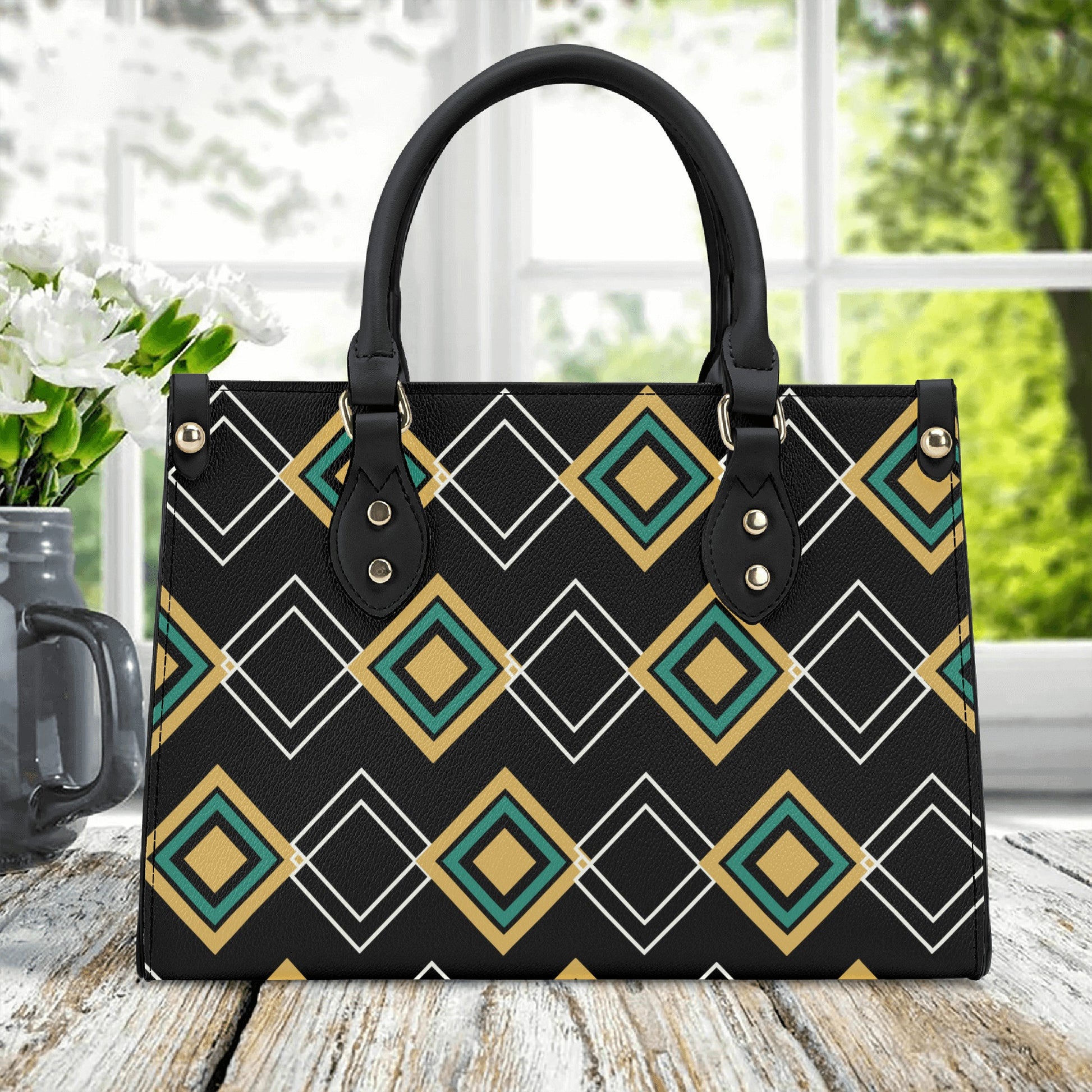 Black Art Deco Leather Luxury Handbag - Stylish and Sophisticated - Misfit Marketing Design Studios