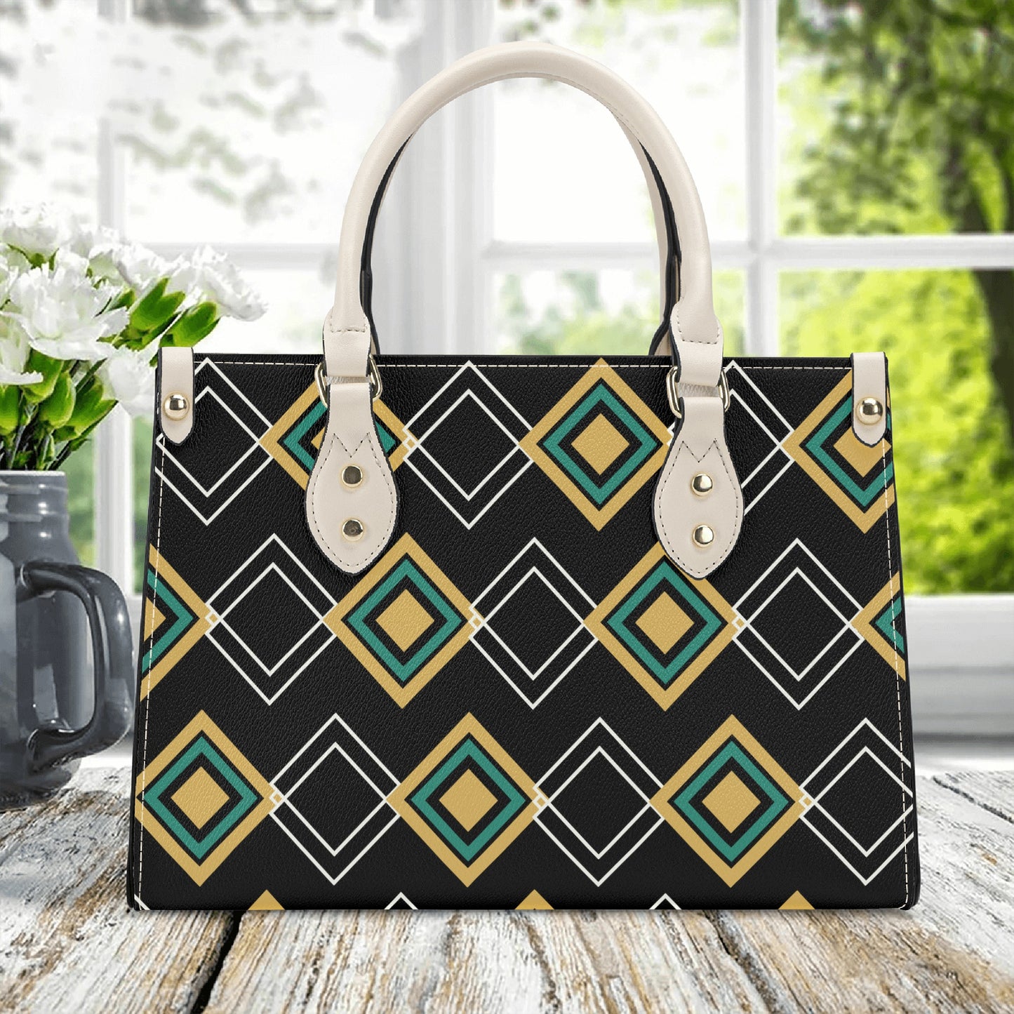 Black Art Deco Leather Luxury Handbag - Stylish and Sophisticated - Misfit Marketing Design Studios