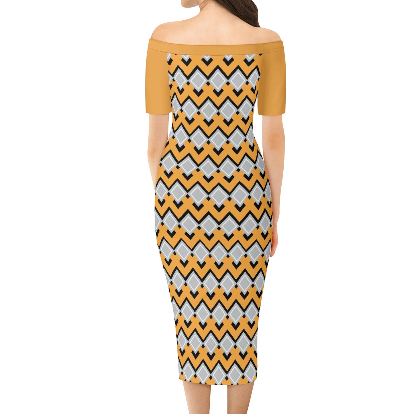 Off The Shoulder Gold Latticework Pencil Dress - Chic and Fashionable! - Misfit Marketing Design Studios