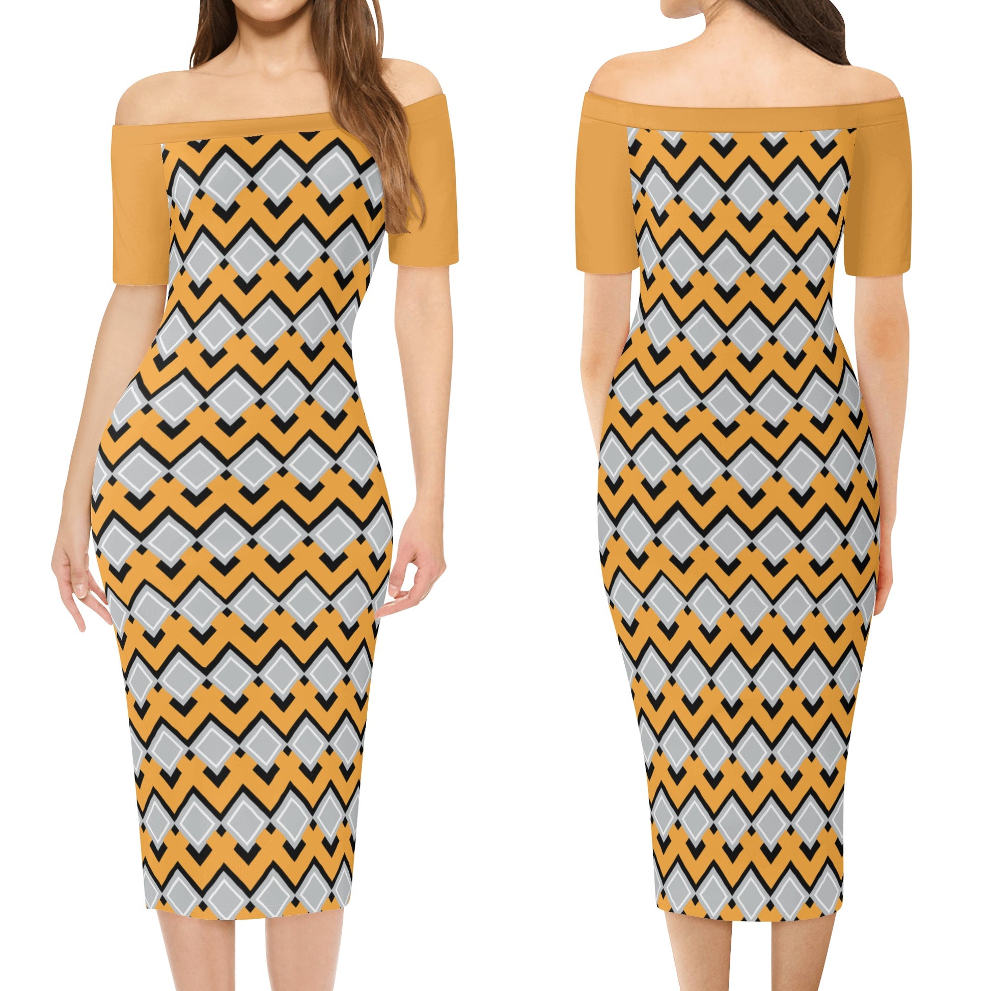 Off The Shoulder Gold Latticework Pencil Dress - Chic and Fashionable! - Misfit Marketing Design Studios