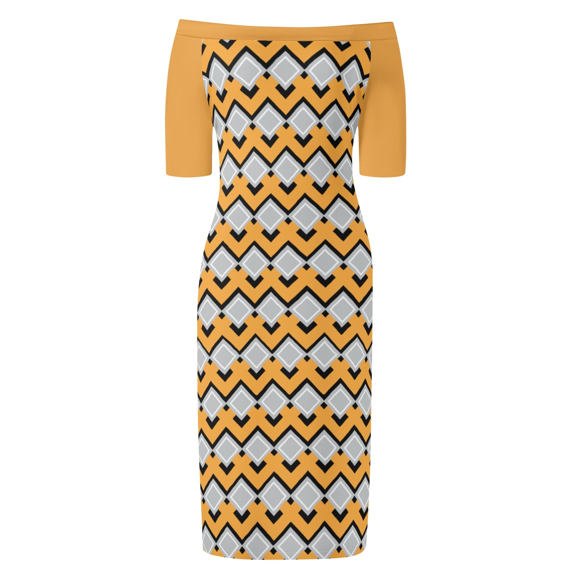 Off The Shoulder Gold Latticework Pencil Dress - Chic and Fashionable! - Misfit Marketing Design Studios