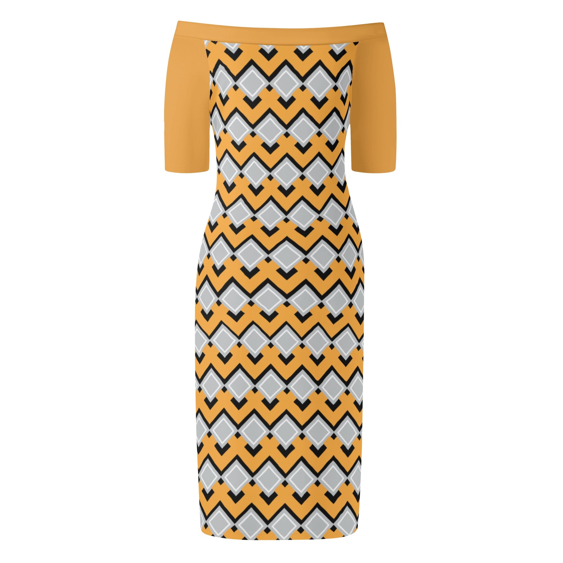 Off The Shoulder Gold Latticework Pencil Dress - Chic and Fashionable! - Misfit Marketing Design Studios