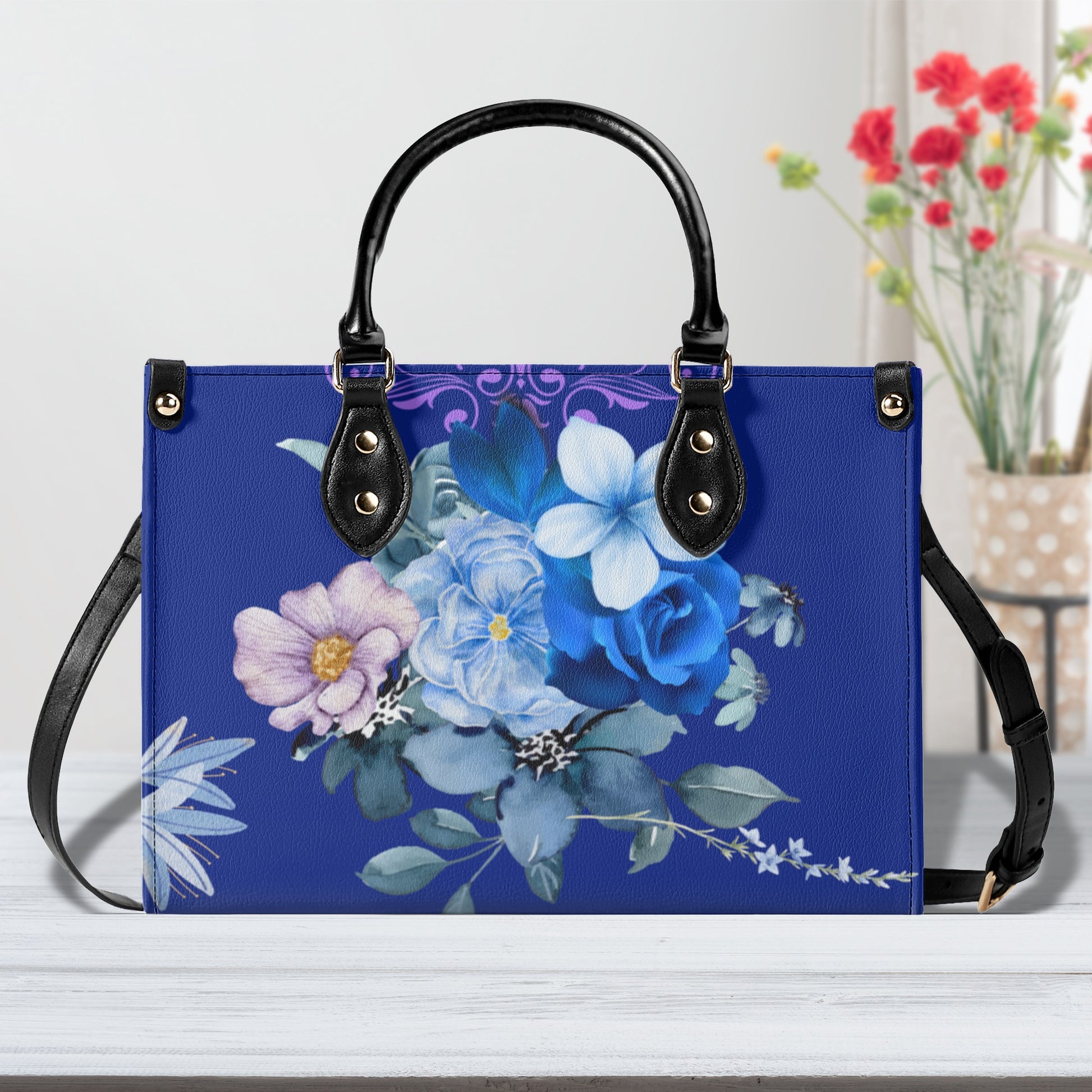 Royal Purple Luxurious Floral Leather Handbag - Elegant and Functional - Misfit Marketing Design Studios