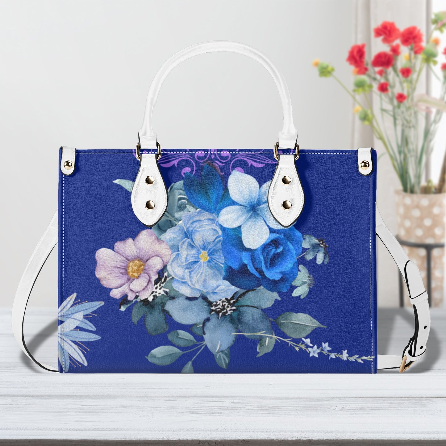 Royal Purple Luxurious Floral Leather Handbag - Elegant and Functional - Misfit Marketing Design Studios