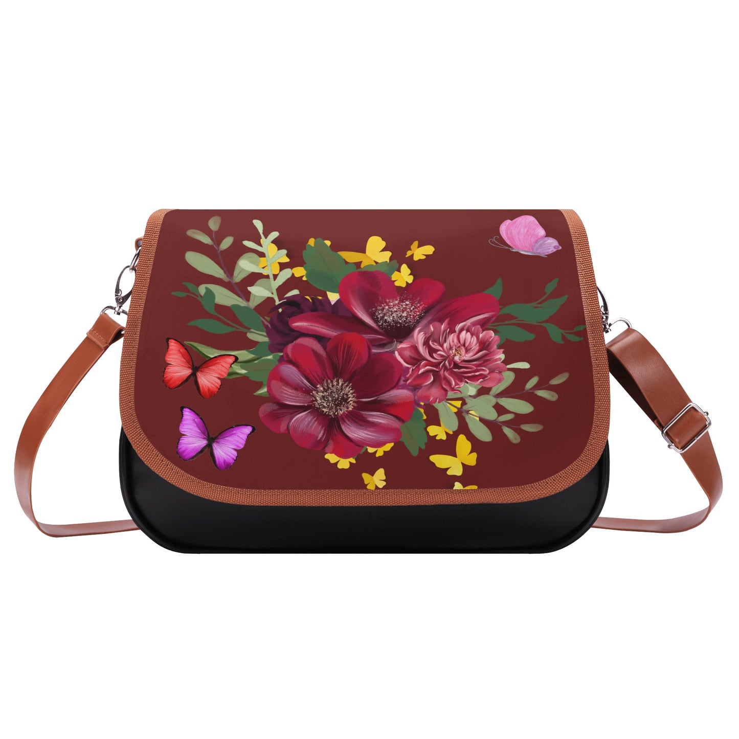 Burgundy Leather Shoulder Bag - Classic Bouquet Design for a Timeless Look - Misfit Marketing Design Studios