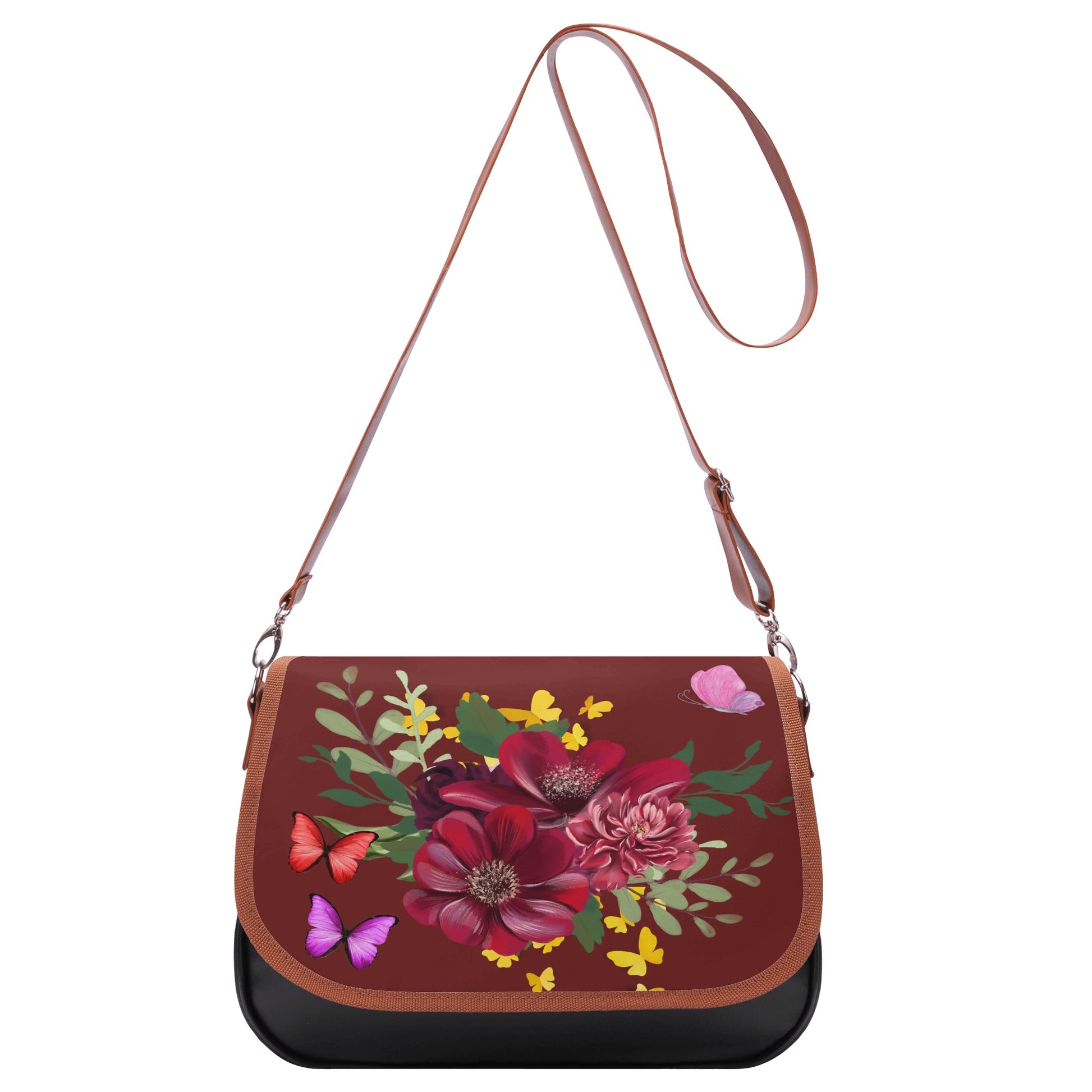 Burgundy Leather Shoulder Bag - Classic Bouquet Design for a Timeless Look - Misfit Marketing Design Studios