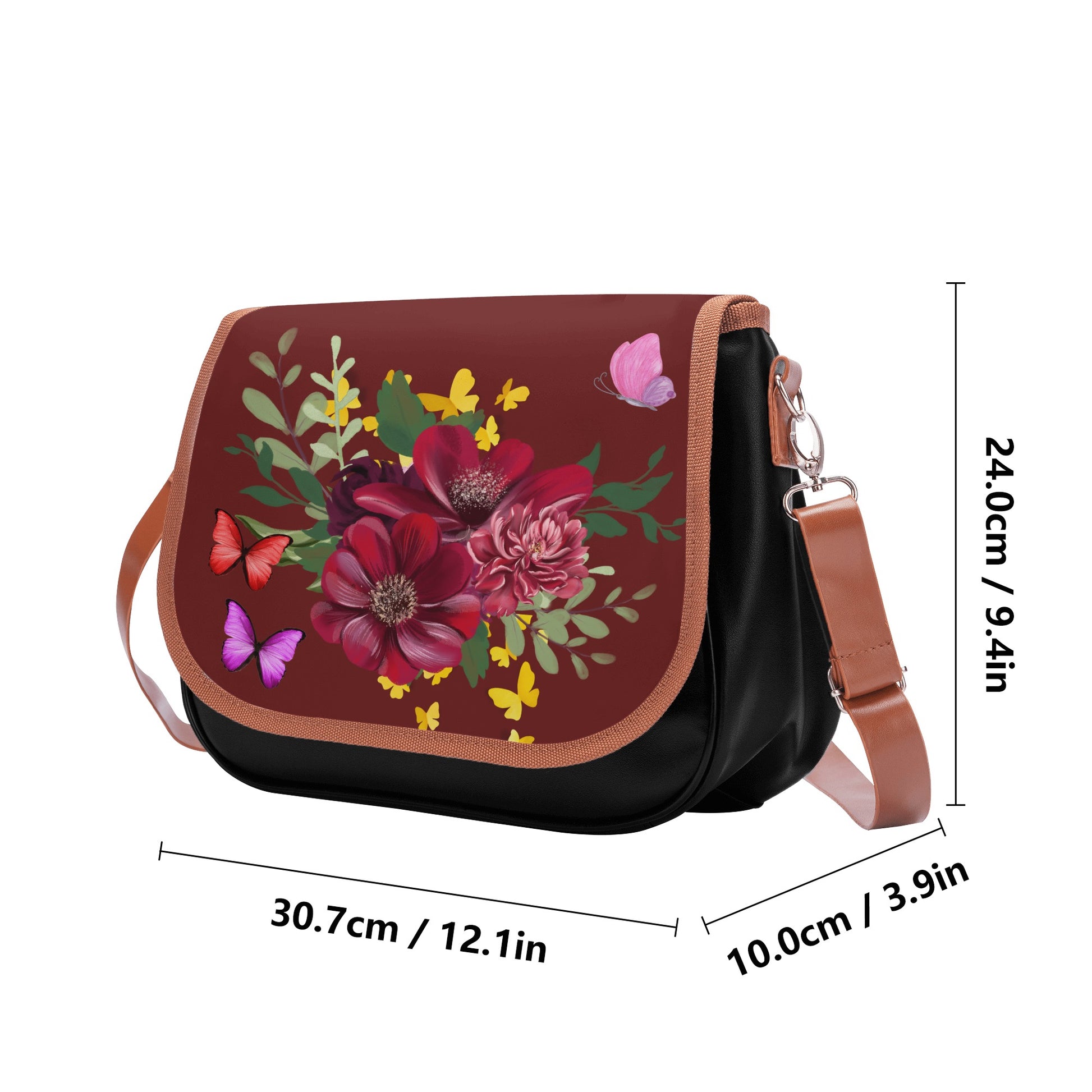 Burgundy Leather Shoulder Bag - Classic Bouquet Design for a Timeless Look - Misfit Marketing Design Studios