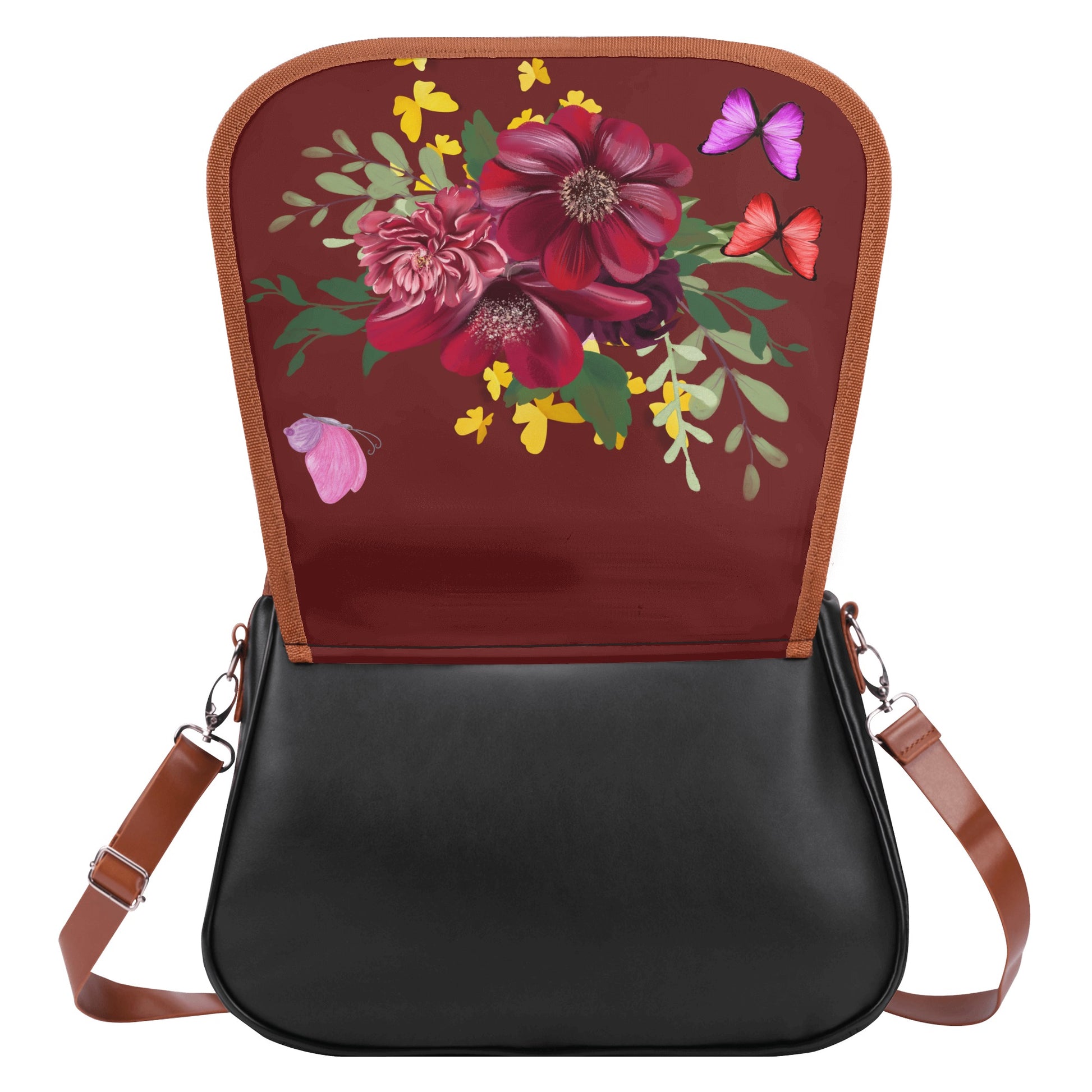 Burgundy Leather Shoulder Bag - Classic Bouquet Design for a Timeless Look - Misfit Marketing Design Studios