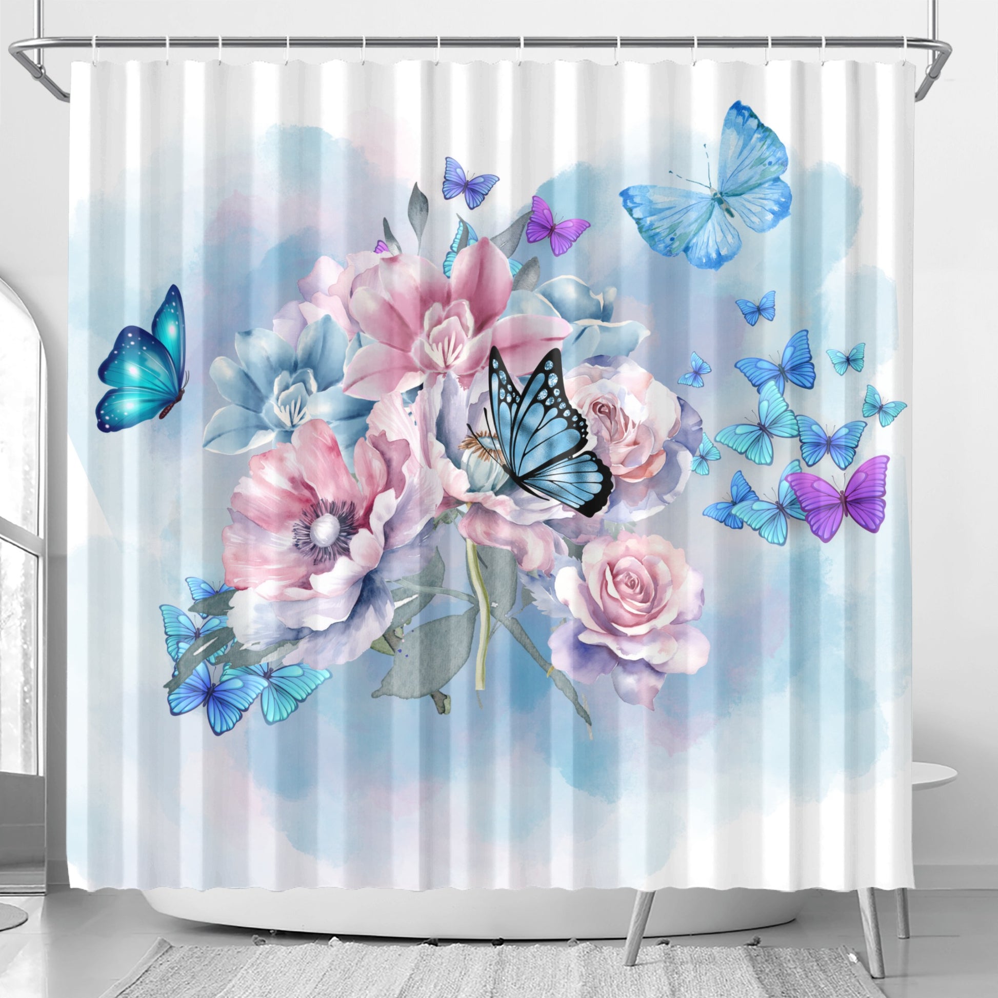 Blue Butterfly Bouquet Shower Curtain - Elegant Nature-Inspired Bathroom Decor - Misfit Marketing Design Studios