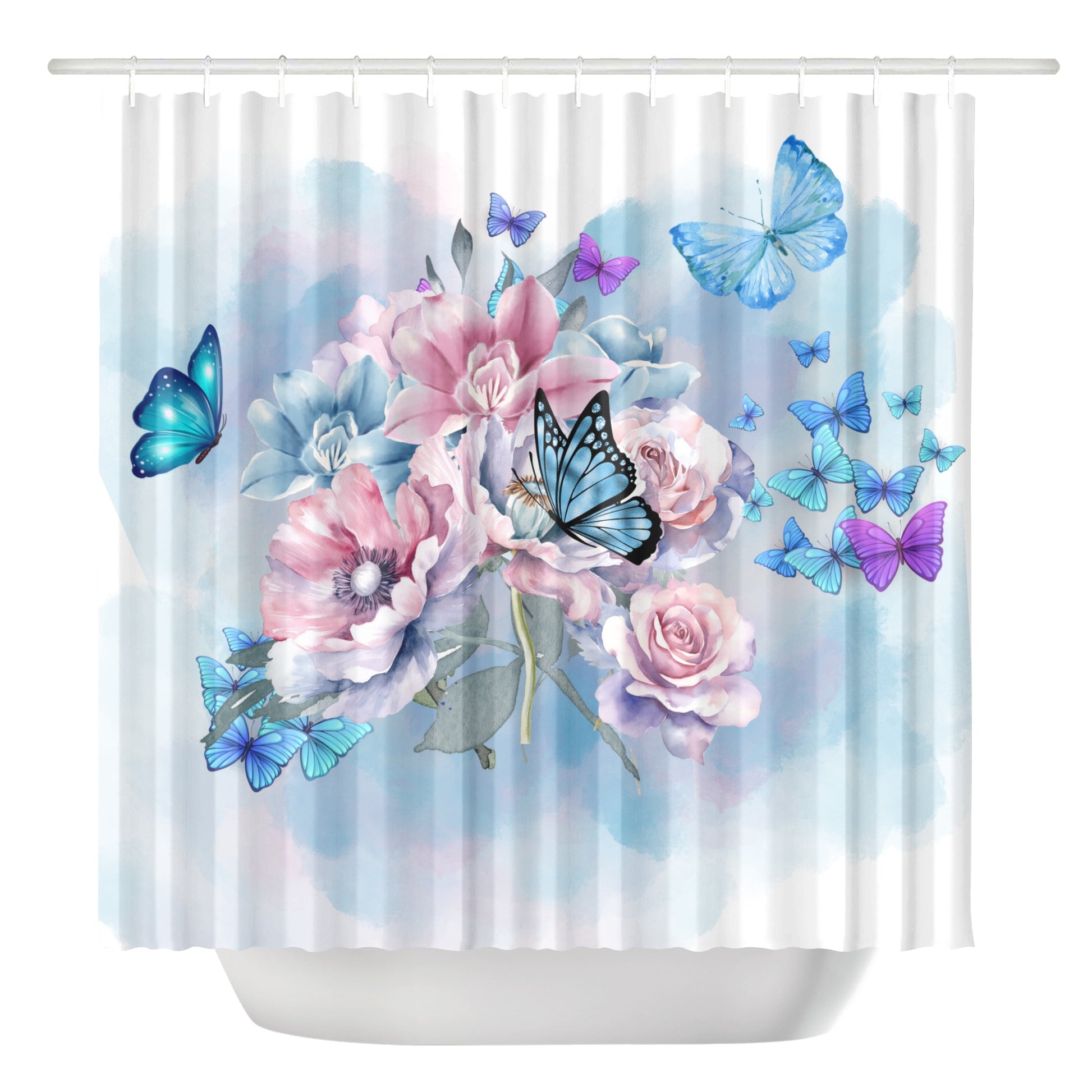 Blue Butterfly Bouquet Shower Curtain - Elegant Nature-Inspired Bathroom Decor - Misfit Marketing Design Studios