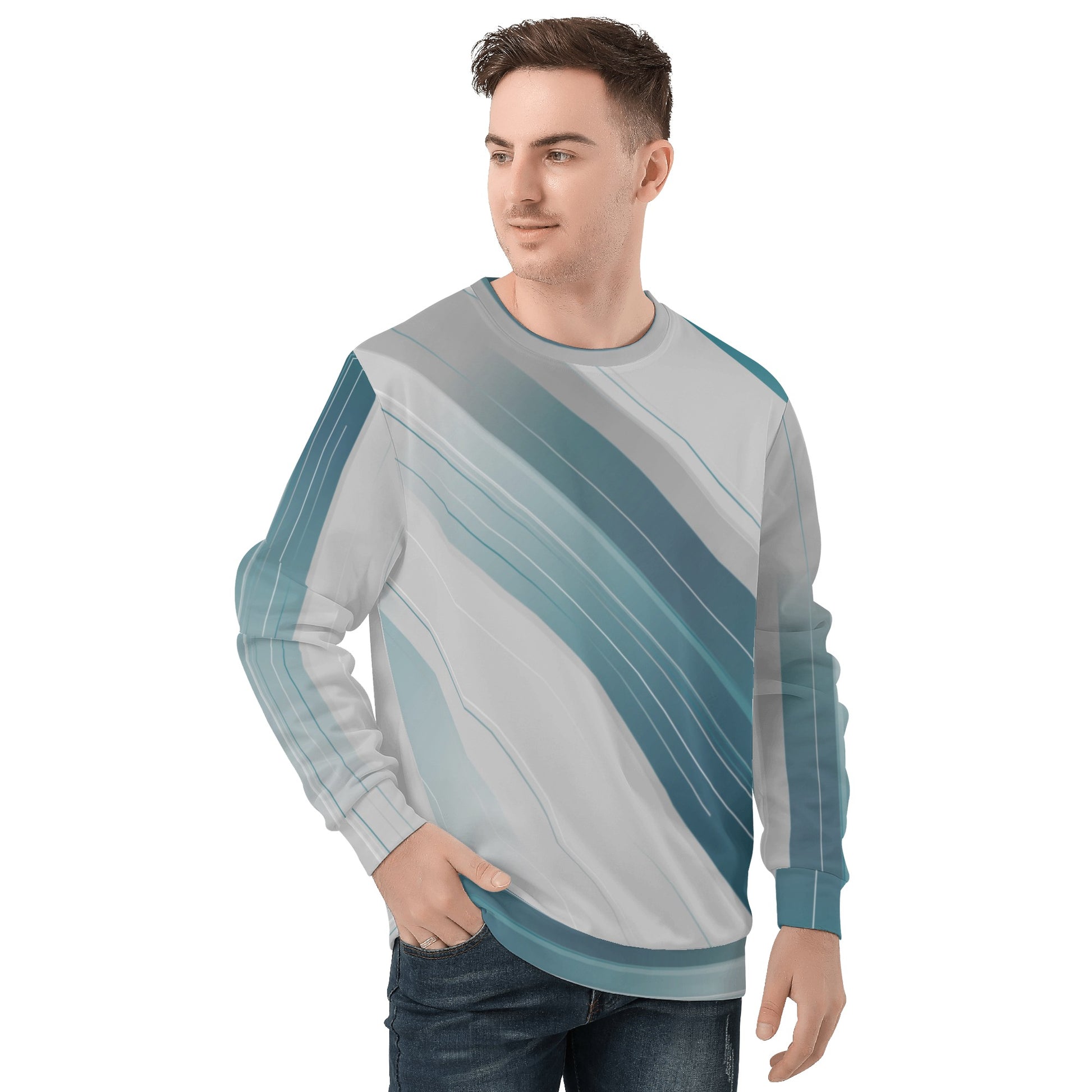 Mens Teal Striped Crew Neck Sweatshirt - Comfort and Style Combined - Misfit Marketing Design Studios