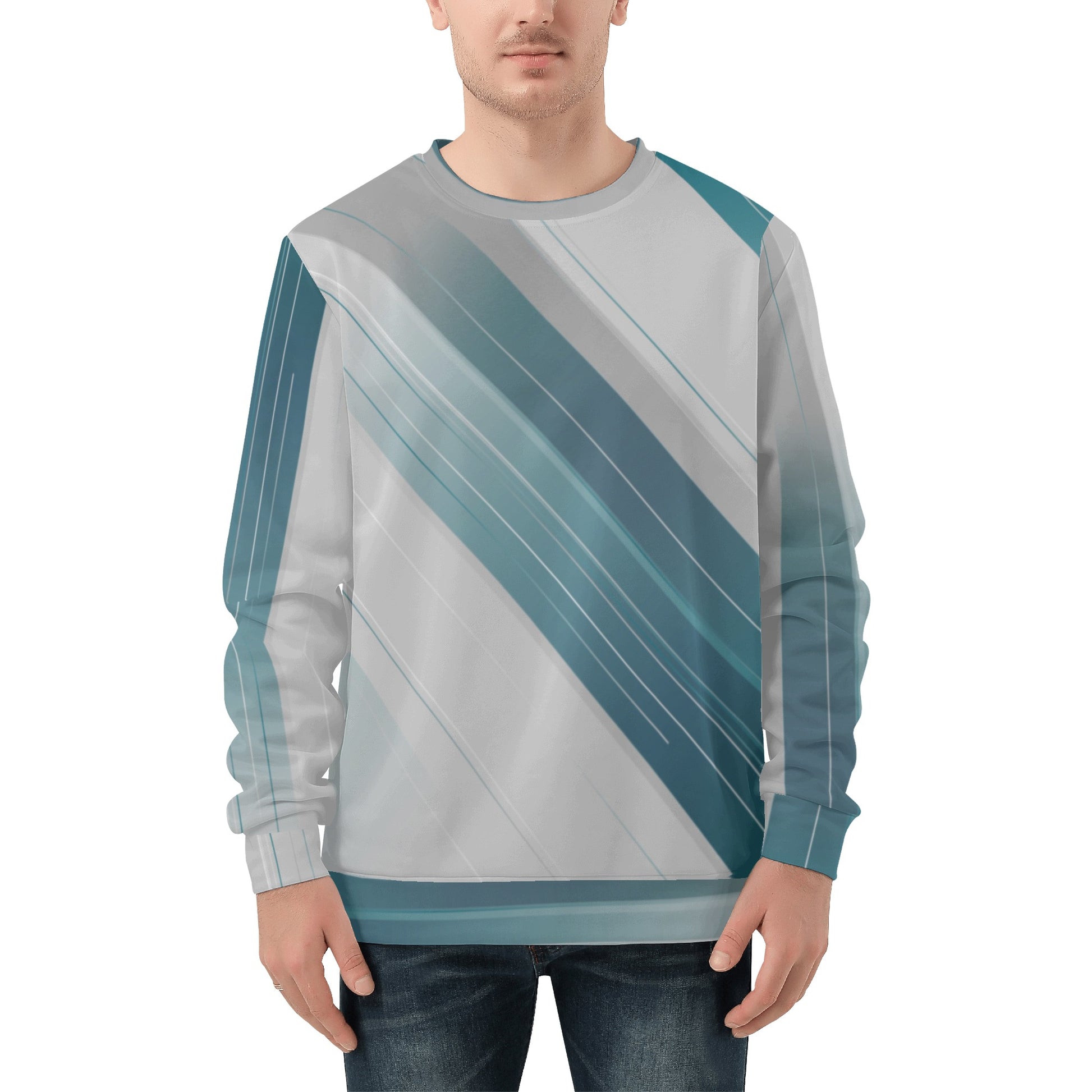 Mens Teal Striped Crew Neck Sweatshirt - Comfort and Style Combined - Misfit Marketing Design Studios