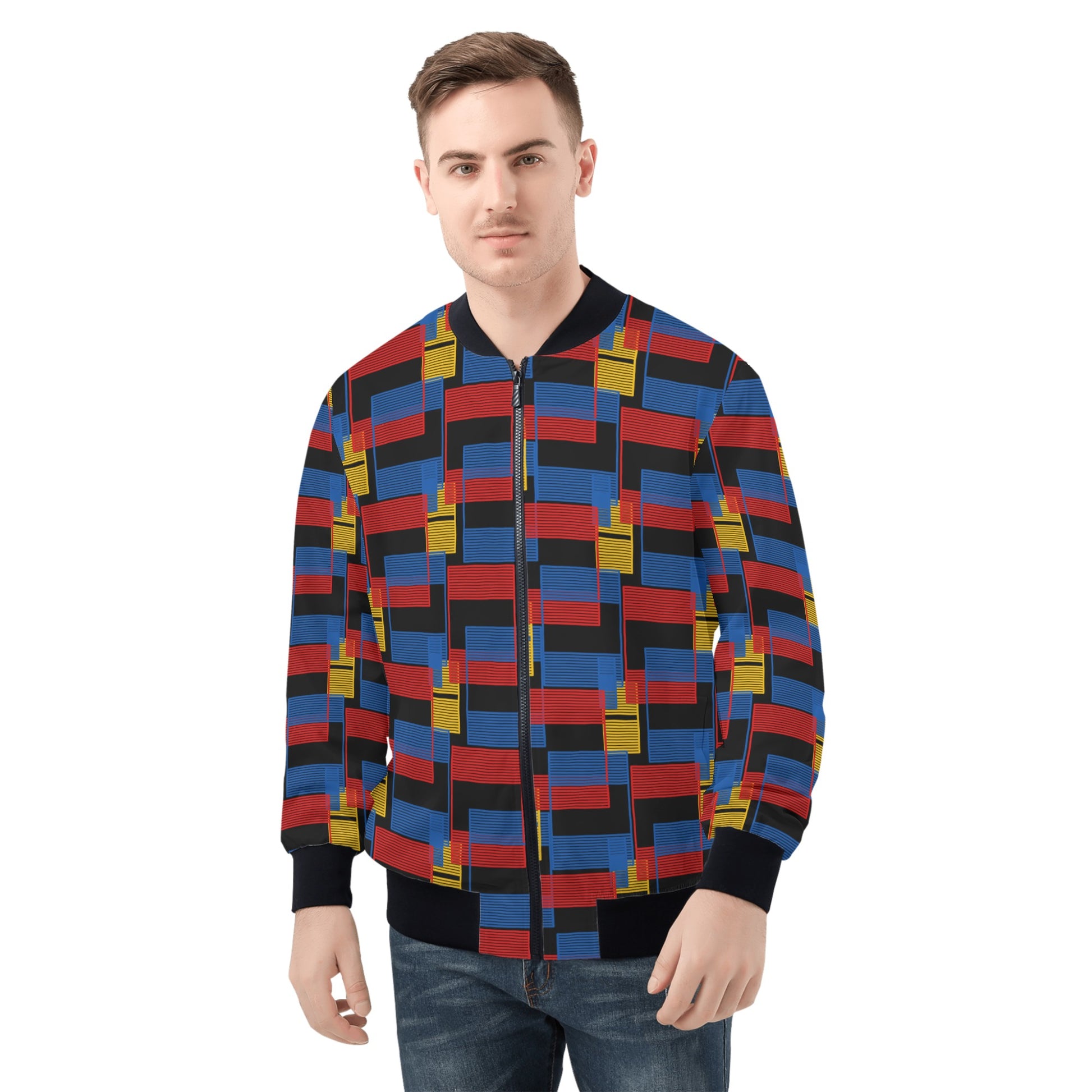 Colorful Mens Zip Bomber Jacket - Vibrant Multicolored Design - Misfit Marketing Design Studios