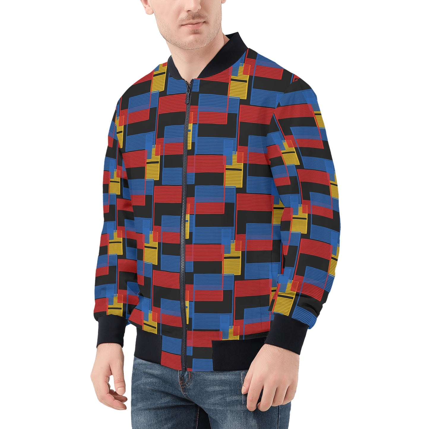 Colorful Mens Zip Bomber Jacket - Vibrant Multicolored Design - Misfit Marketing Design Studios