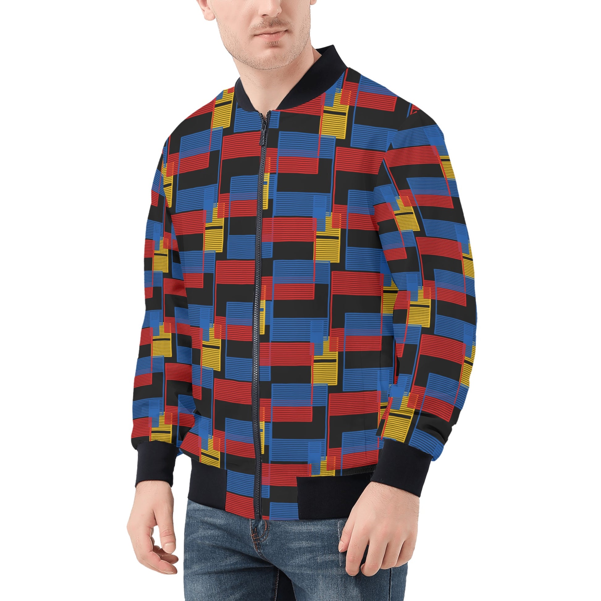 Colorful Mens Zip Bomber Jacket - Vibrant Multicolored Design - Misfit Marketing Design Studios