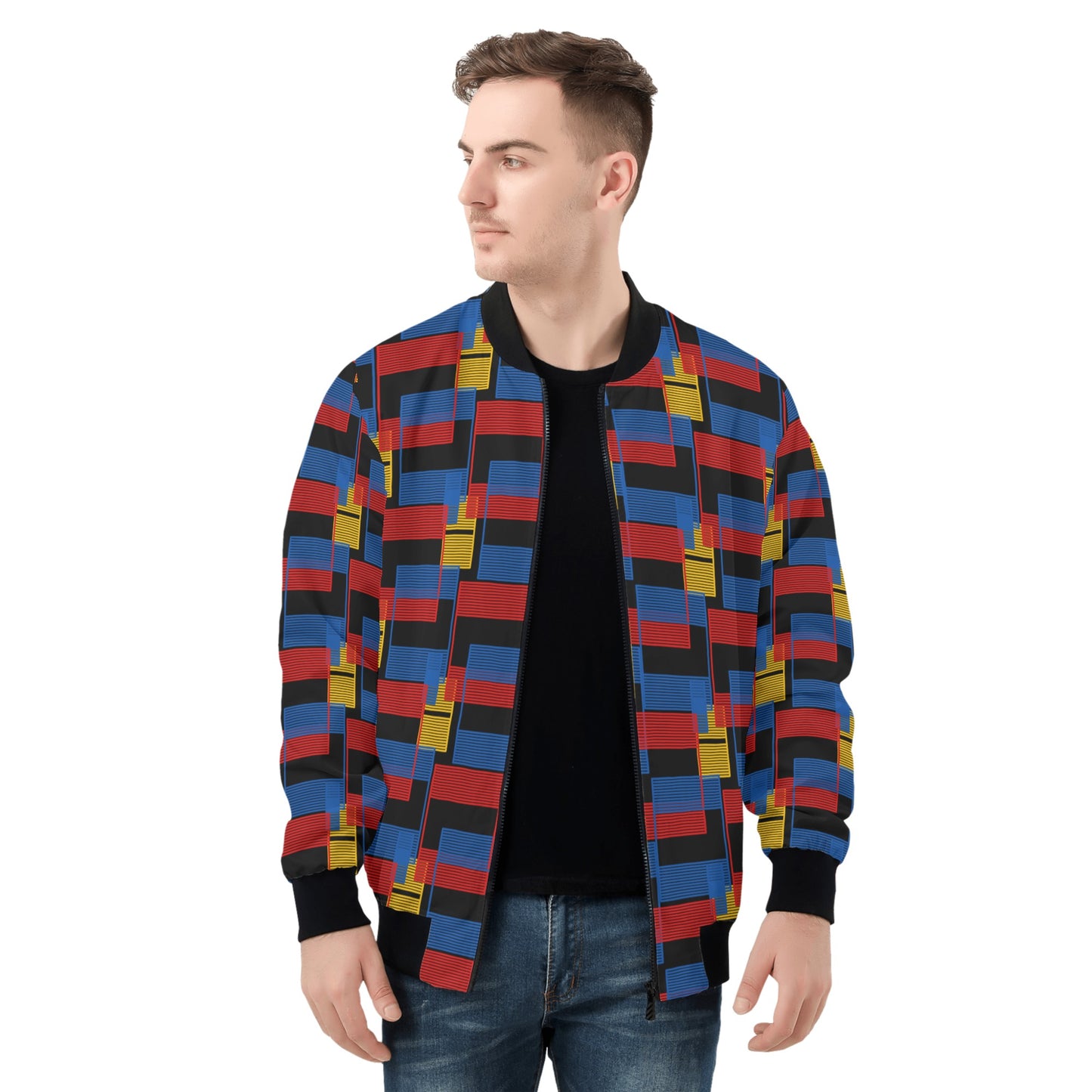 Colorful Mens Zip Bomber Jacket - Vibrant Multicolored Design - Misfit Marketing Design Studios