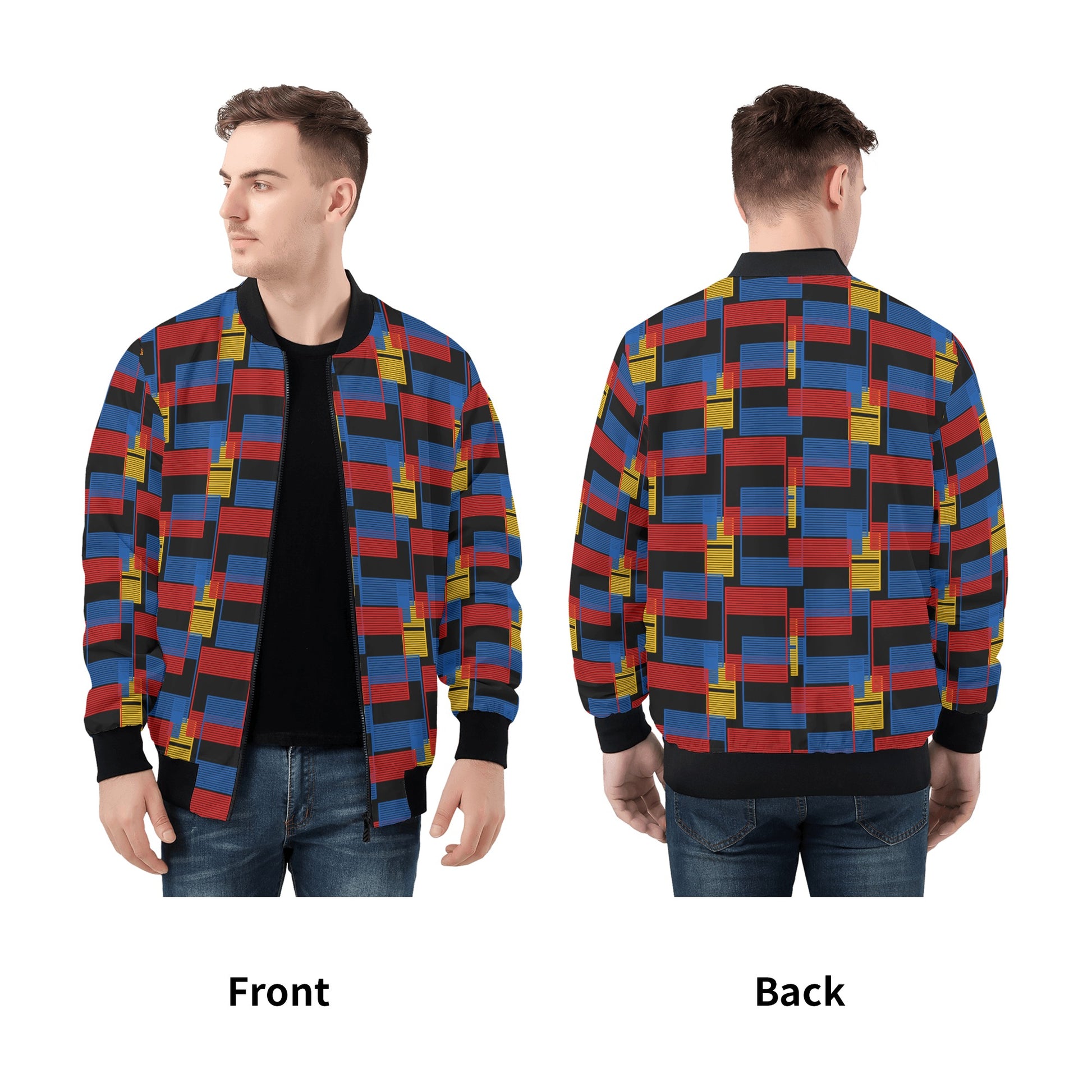 Colorful Mens Zip Bomber Jacket - Vibrant Multicolored Design - Misfit Marketing Design Studios