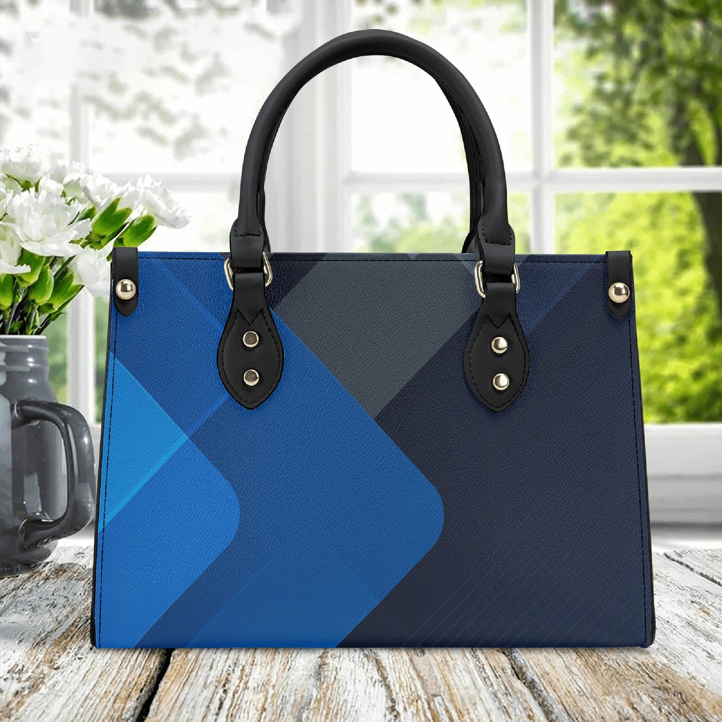 Dark Blue Art Deco Leather Luxury Handbag - Stylish and Sophisticated - Misfit Marketing Design Studios