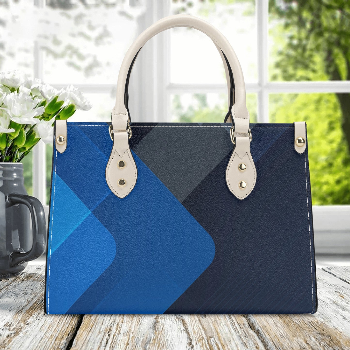 Dark Blue Art Deco Leather Luxury Handbag - Stylish and Sophisticated - Misfit Marketing Design Studios