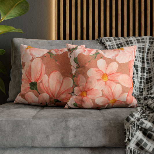 Peach Floral Faux Suede Square Pillow Cover - Decorative Home Accent - Misfit Marketing Design Studios