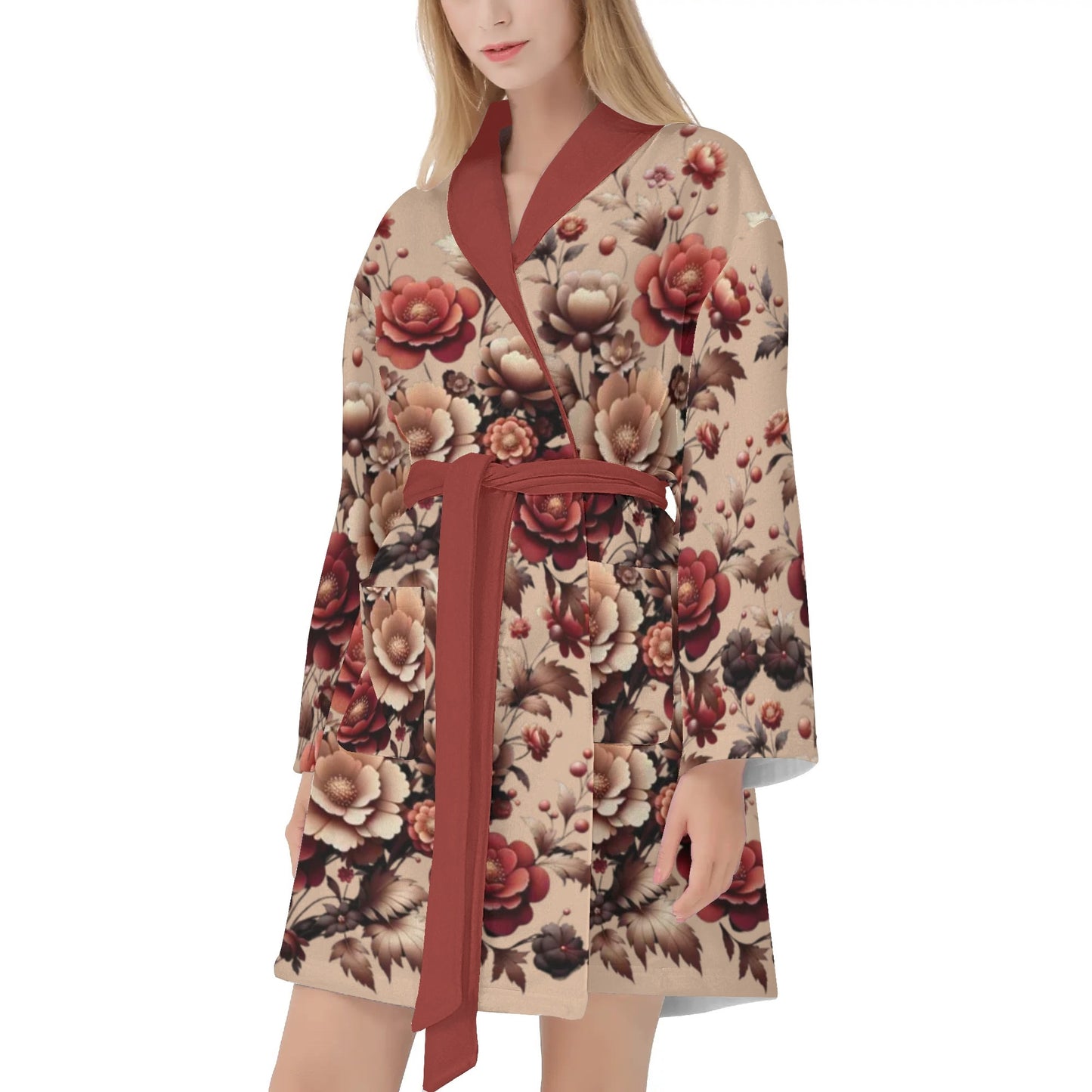 Womens Burgundy Floral Short Bathrobe