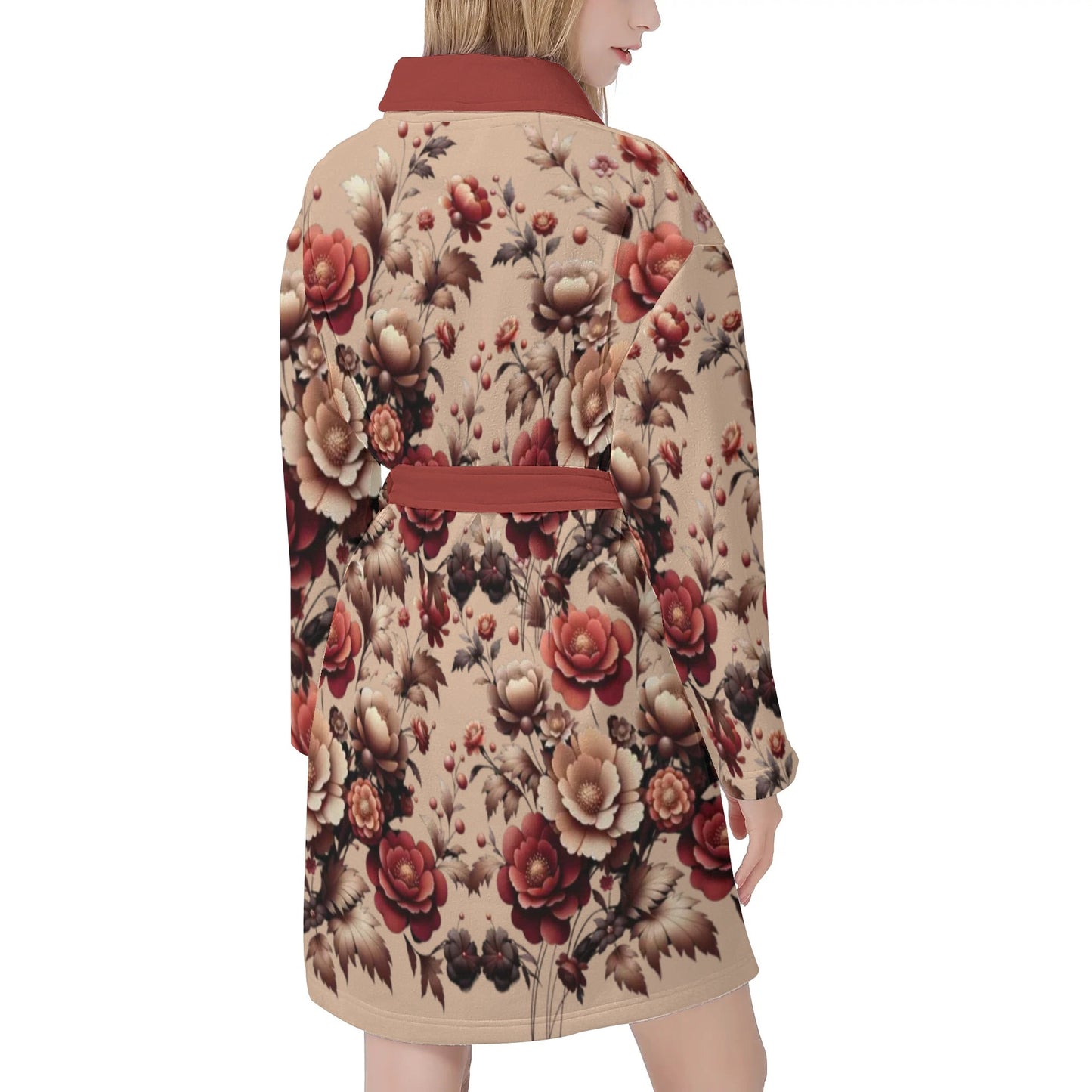 Womens Burgundy Floral Short Bathrobe