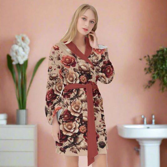 Womens Burgundy Floral Short Bathrobe