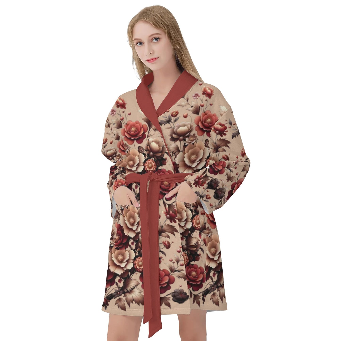 Womens Burgundy Floral Short Bathrobe