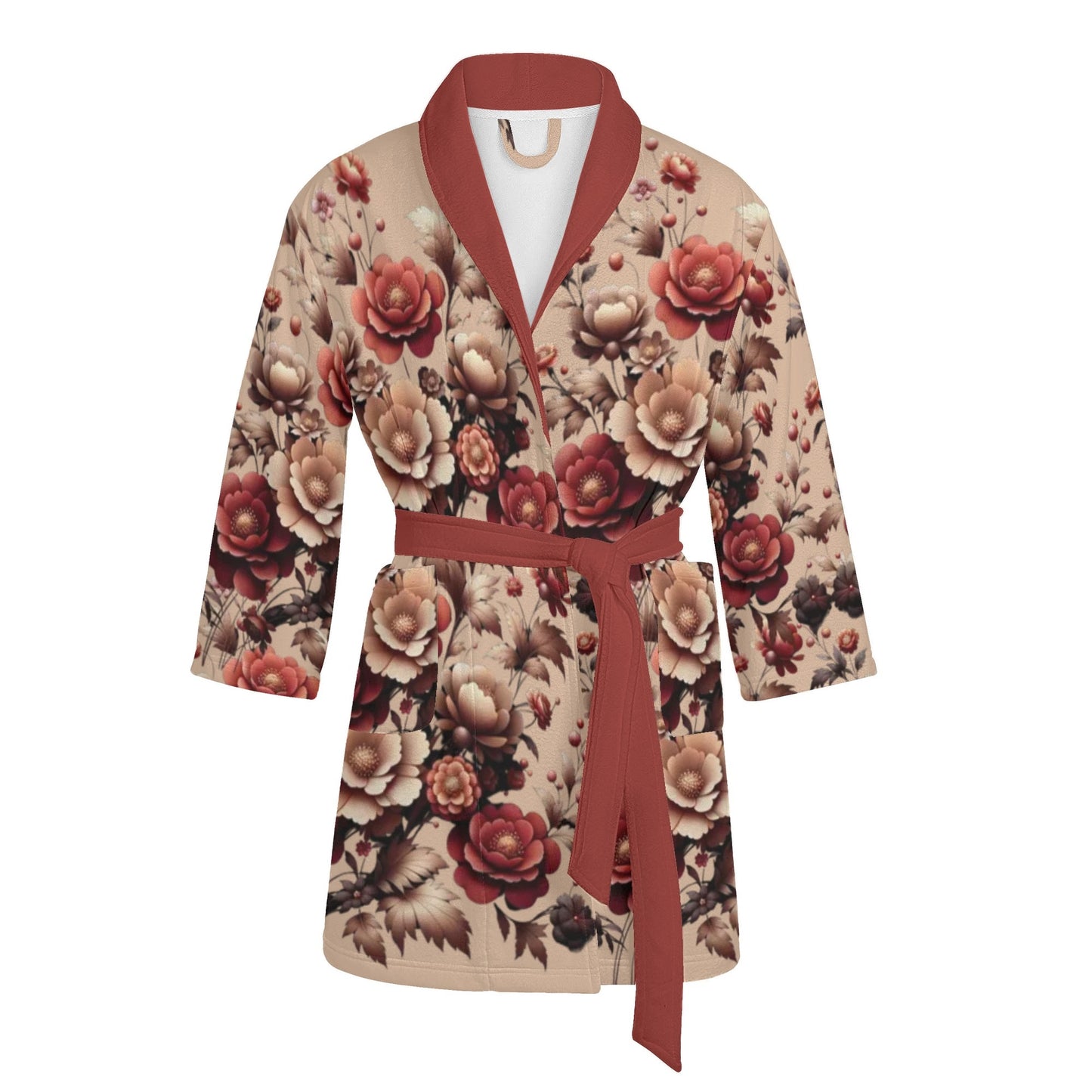 Womens Burgundy Floral Short Bathrobe