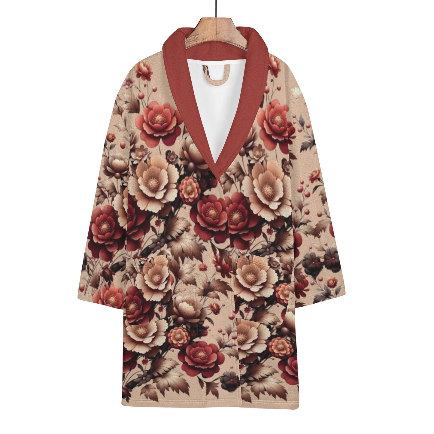 Womens Burgundy Floral Short Bathrobe